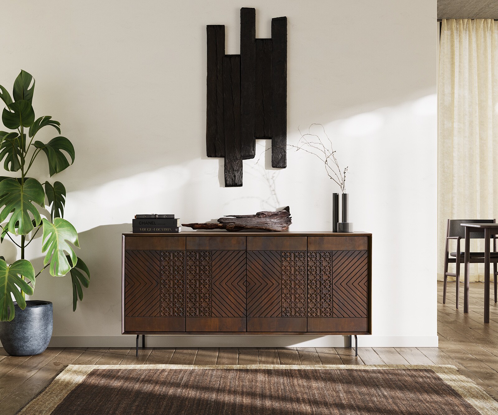 Sideboard Manjula 145 cm Mango Dunkelbraun 4 Türen Winkelfuß Metall Schwarz 1
