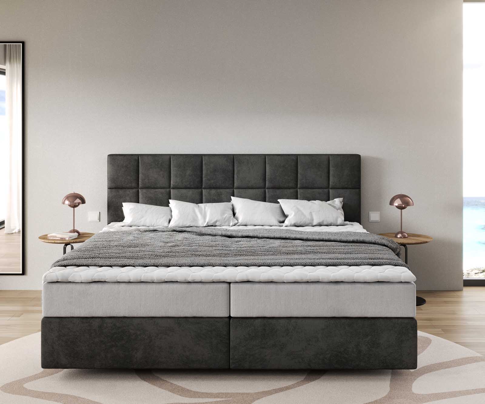 Boxspringbett Dream-Fine Mikrofaser Anthrazit Vintage 200x200 cm mit Taschenfederkernmatratze und Topper Visco 1