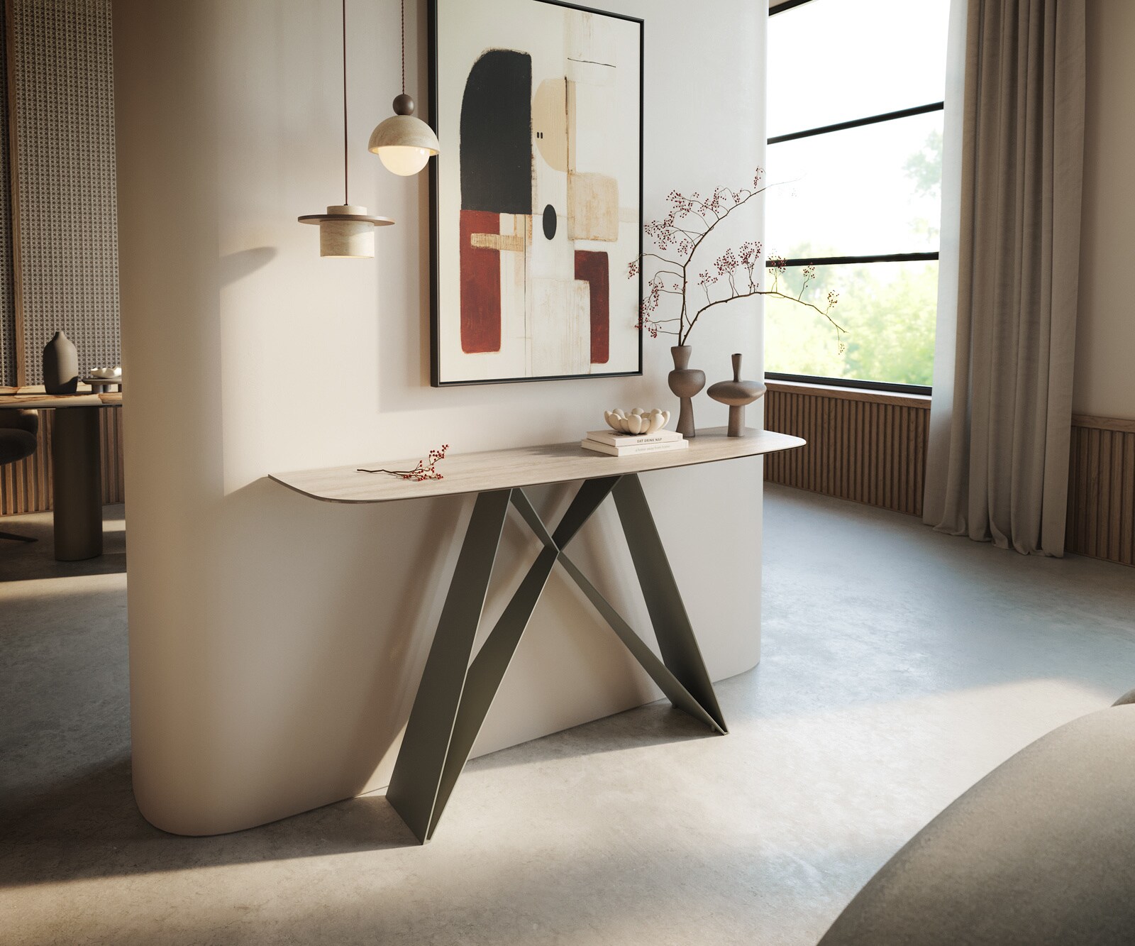 Konsolentisch Edge Boot 140x40 cm Keramik Laminam® Travertino Bianco Creme-Weiß Velio Metall Effektfinish Titan 3