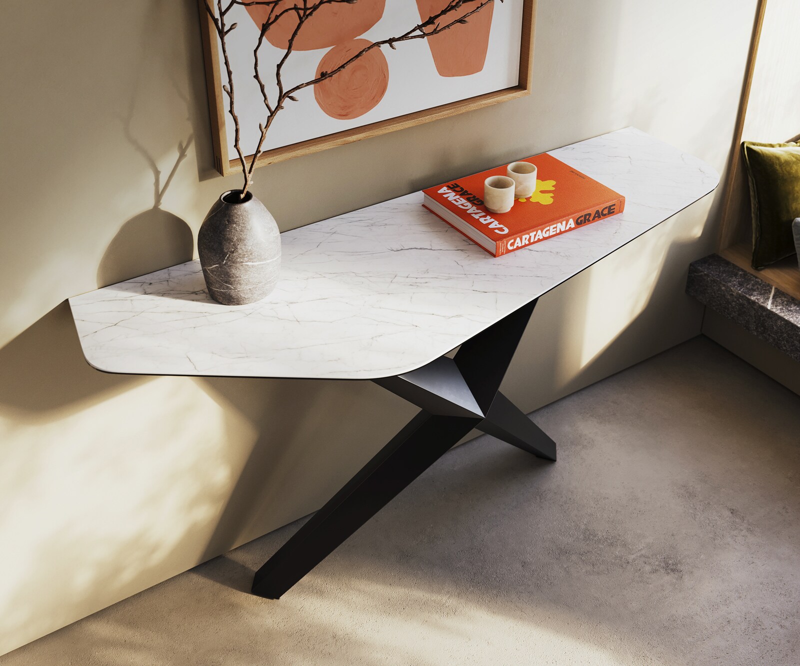 Konsolentisch Edge Polygonal 140x50 cm Keramik Laminam® Statuarietto Weiß Zentharo Metall Schwarz 2