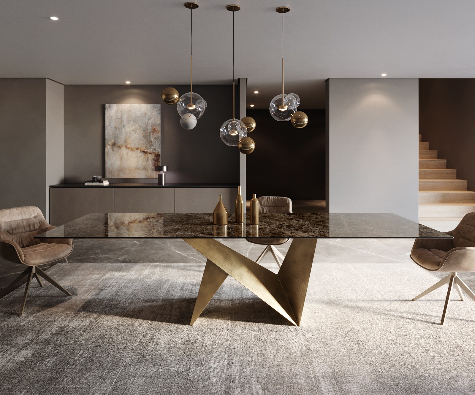 Esstisch Edge 300x100 Keramik Emperador Extra Lucidato Dunkelbraun Origami Metallic Gold 1