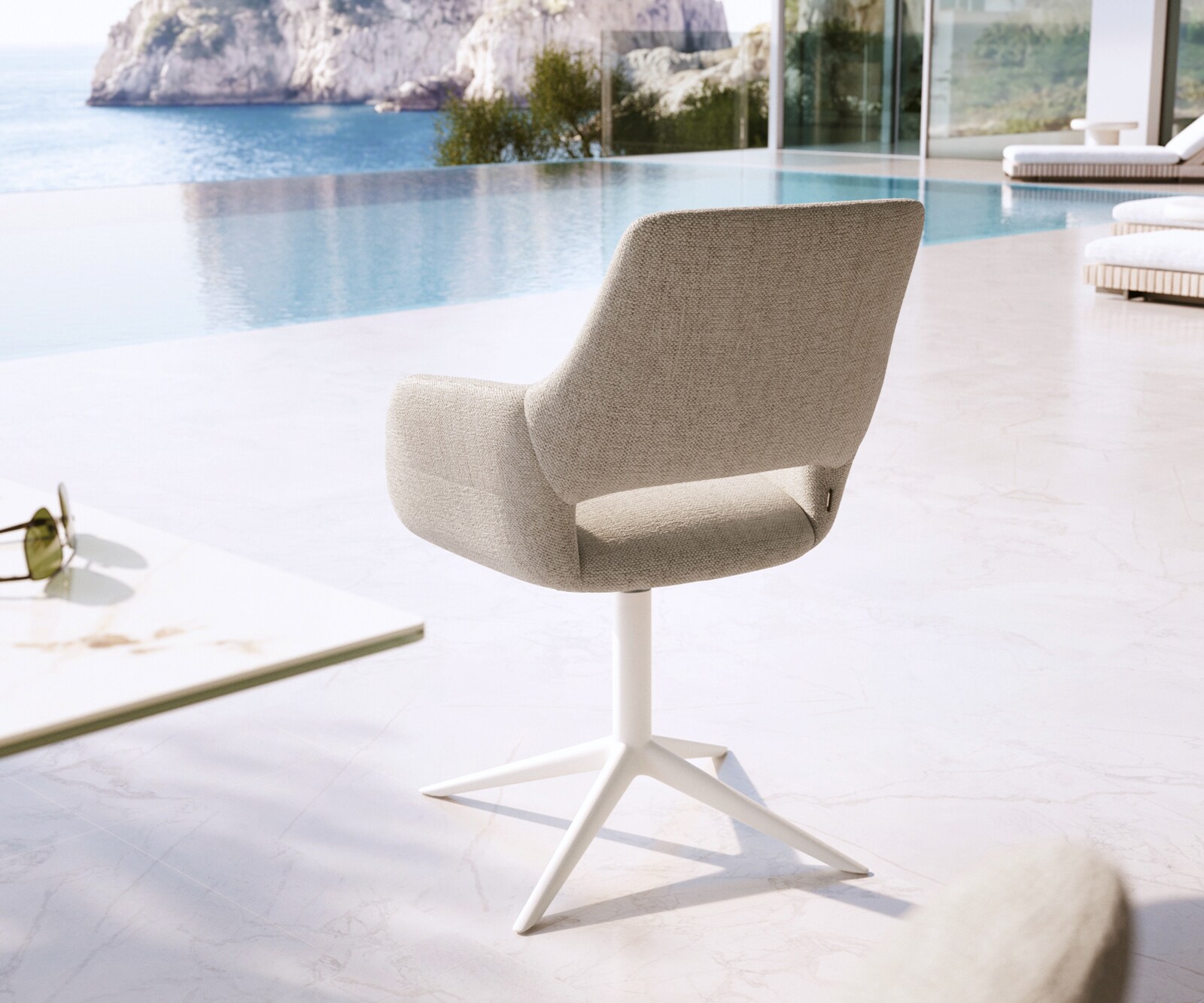 Outdoorstuhl Yago-Flex mit Armlehnen Strukturstoff Grau-Weiß Fußkreuz Weiß 360° drehbar Wippfunktion 4