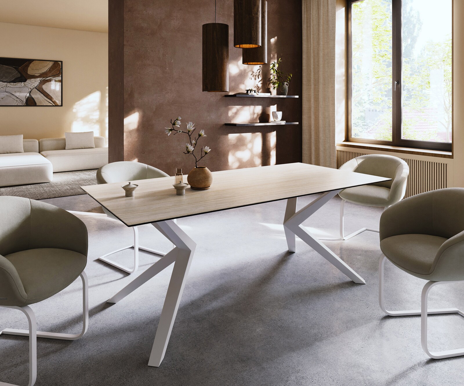 Esstisch Edge 200x100 Keramik Laminam® Travertino Bianco Creme-Weiß Zenthara kantig Metall Weiß