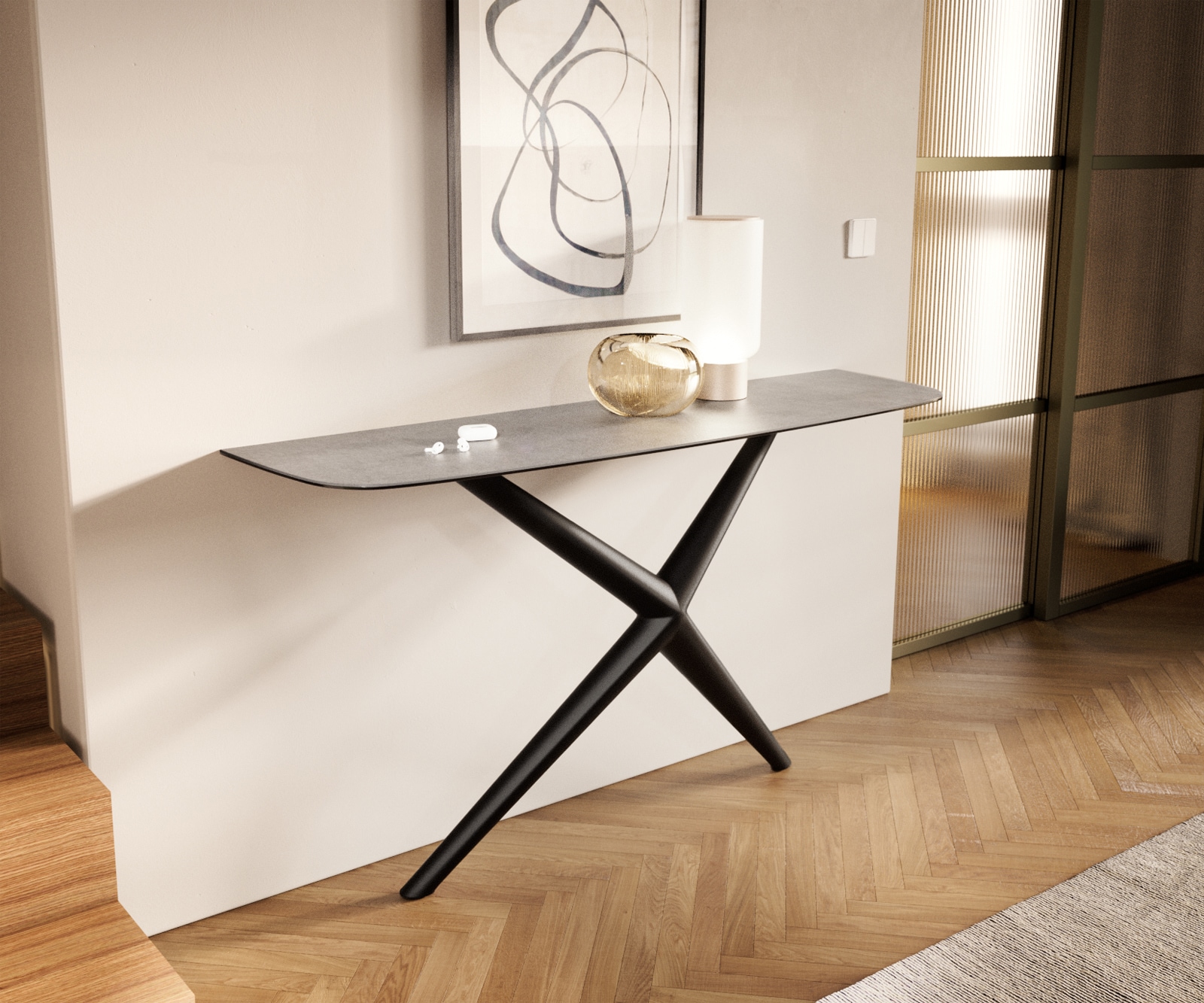 Konsolentisch Edge Boot 140x40 cm Keramik Beton Grau Estelo Metall Schwarz