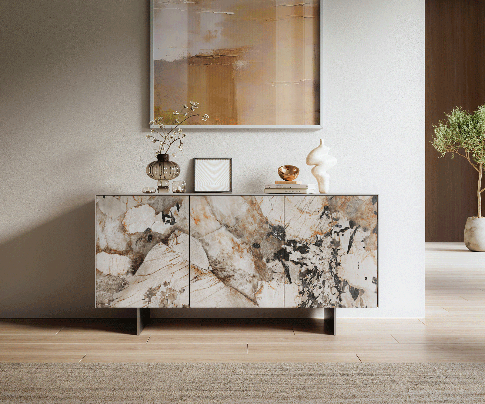 Sideboard Cuor 150 cm Keramik Patagonia Poliert 3 Türen Fuß Schwebeoptik Edelstahl 2