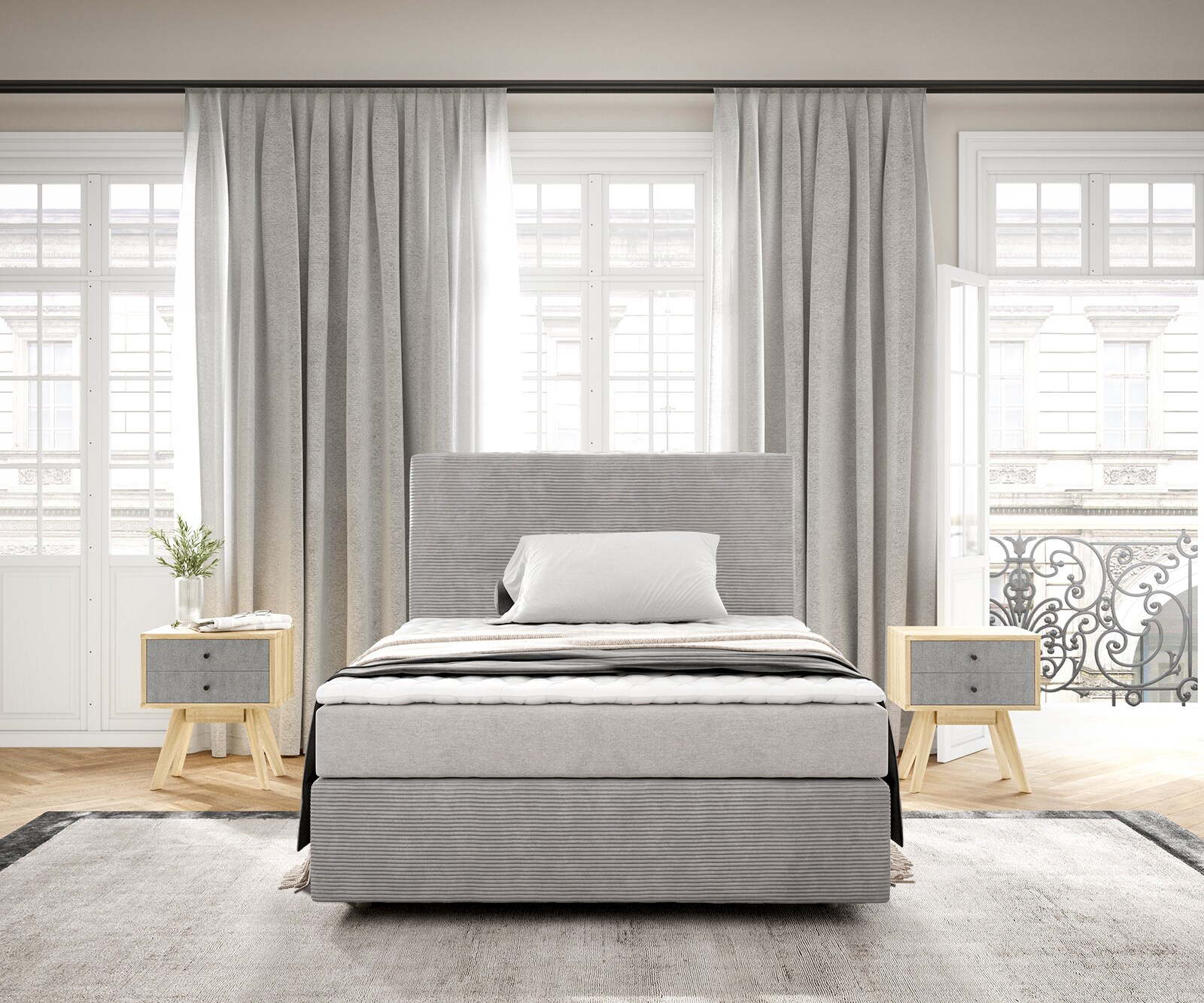 Boxspringbett Dream-Well 120x200 cm Cord Silbergrau mit Matratze und Topper 1