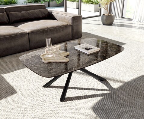 Couchtisch Edge Boot 120x70 cm Keramik Emperador Extra Lucidato Dunkelbraun Sarity Metall Schwarz