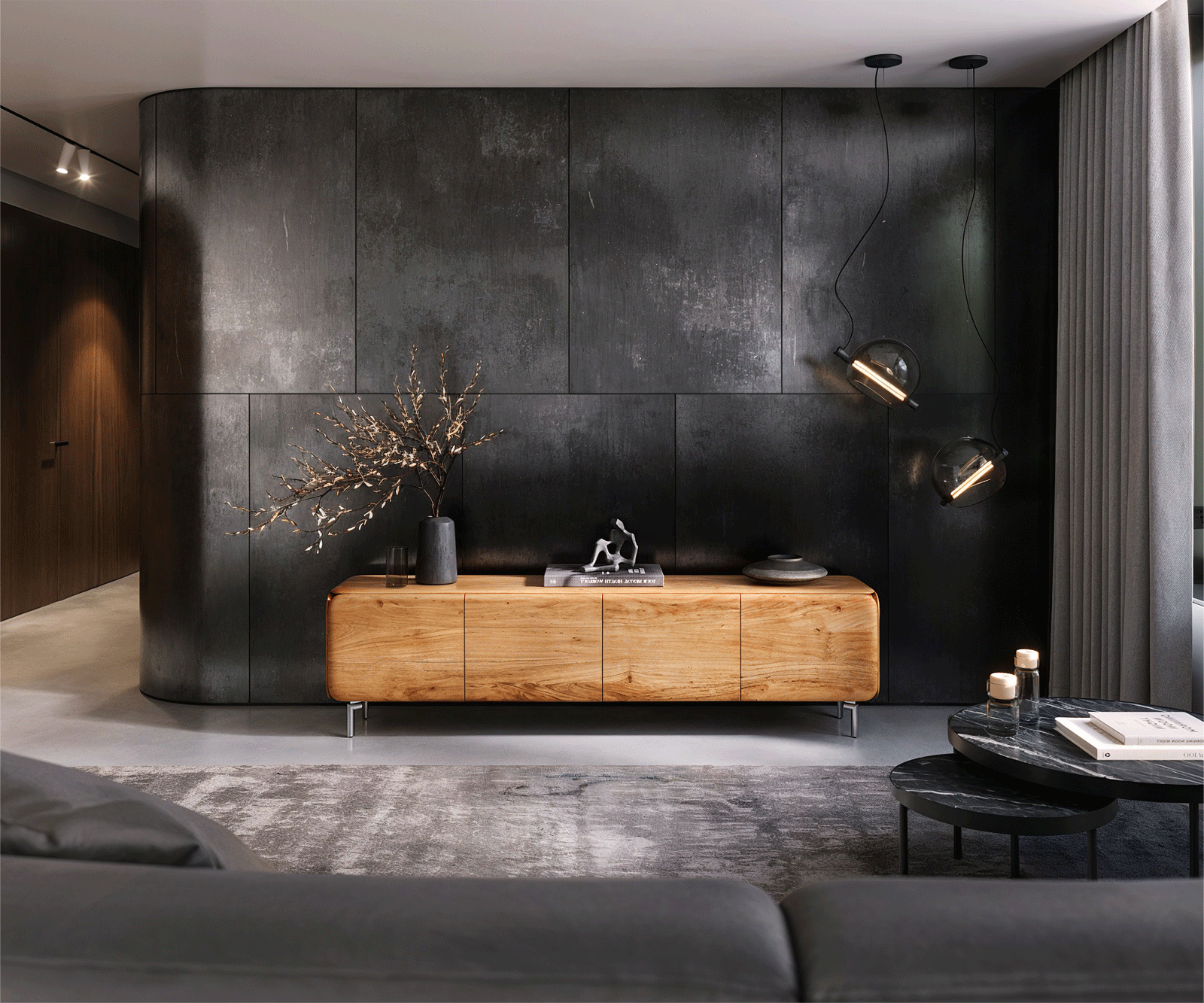 Lowboard Shavani 200 cm Akazie Natur 4 Türen Fuß Oval Edelstahl 5