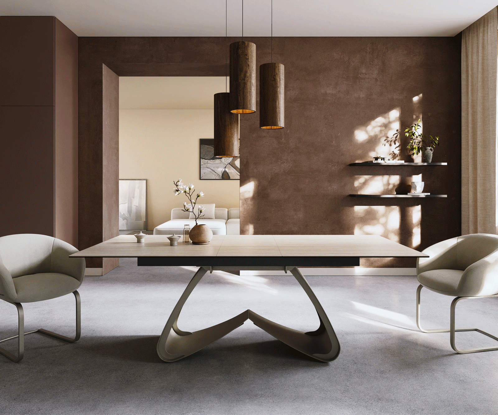 Esstisch Edge 180-220x100 Keramik Laminam® Travertino Bianco Creme-Weiß W-Gestell Effektfinish Titan ausziehbar 2