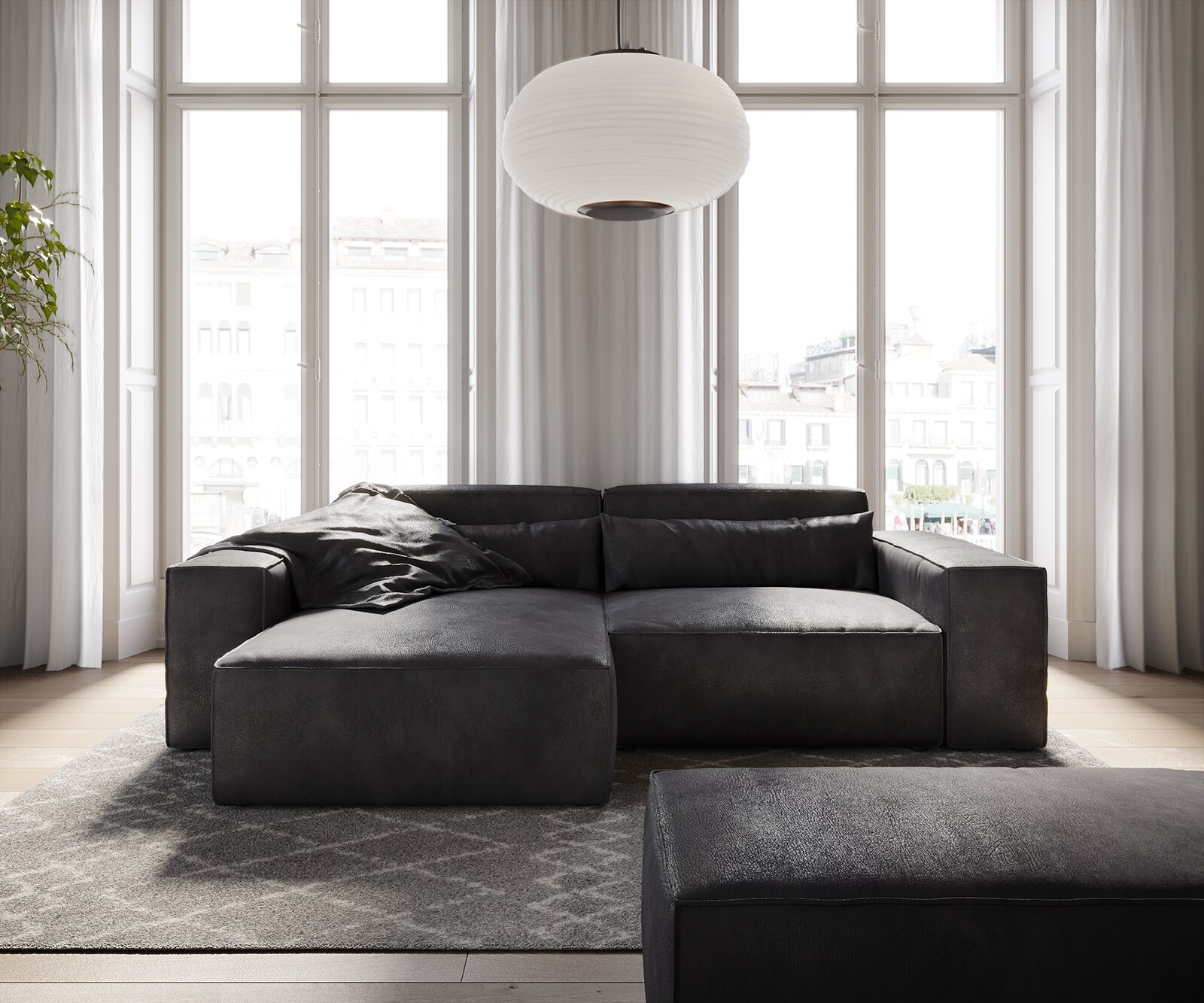 Ecksofa Sirpio 230x150 cm Lederimitat Vintage Anthrazit Recamiere variabel mit Hocker 1