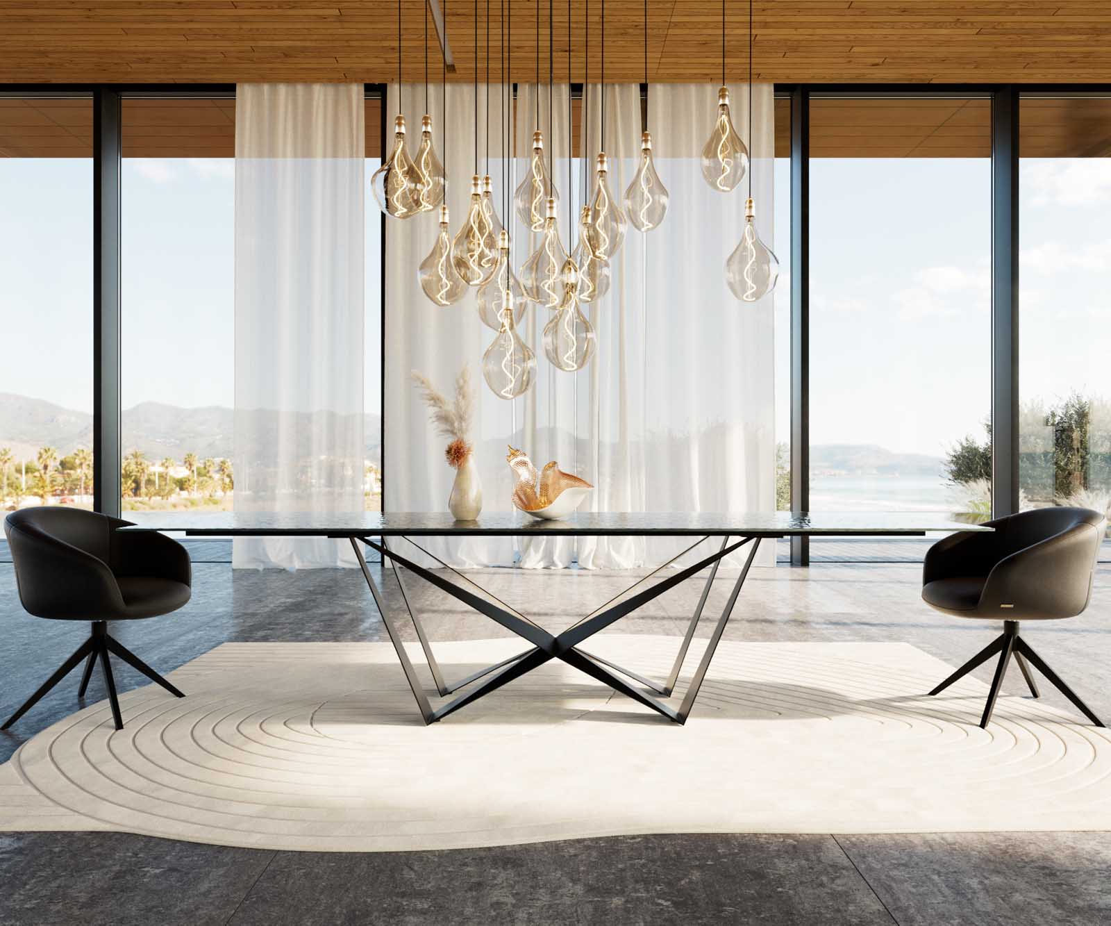 Esstisch Edge 300x100 Reliefglas Rauchschwarz 3D-Design Spider Flachstahl Schwarz 2 Esstisch Edge 300x100 Reliefglas Rauchschwarz 3D-Design Spider Flachstahl Schwarz 2