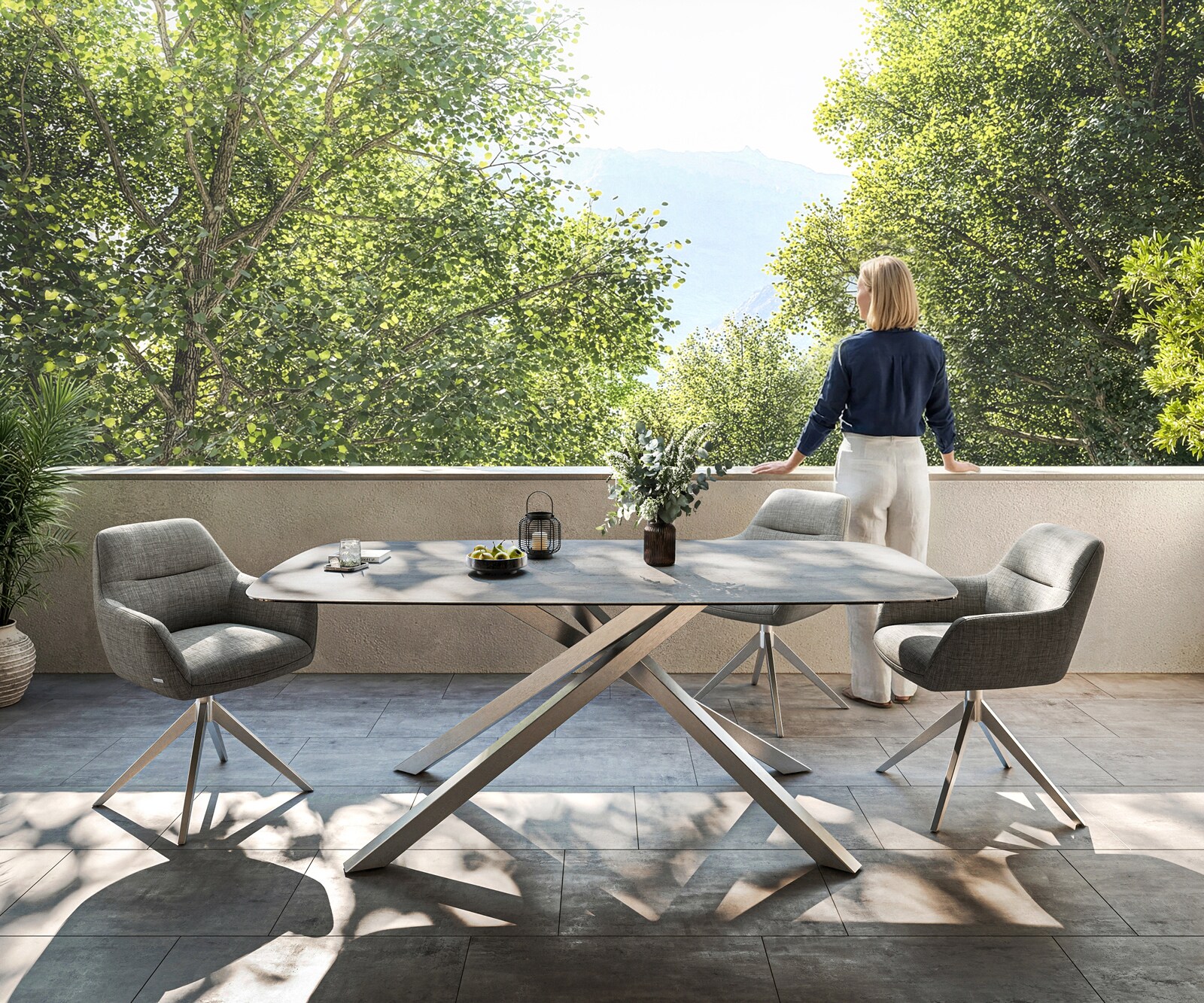 Outdoortisch Edge Boot 200x100 cm Keramik Beton Grau Kreuzgestell Rechteck Edelstahl