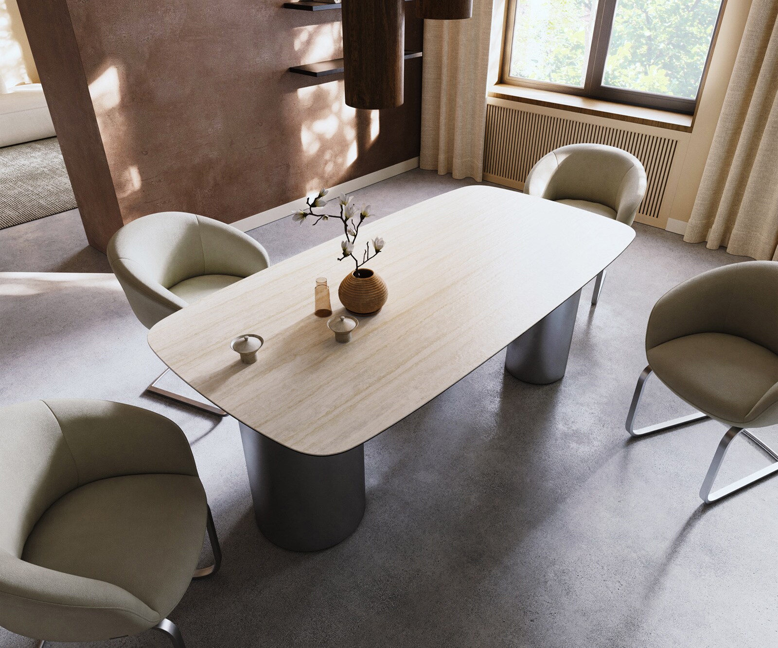 Esstisch Edge Boot 200x100 Keramik Laminam® Travertino Bianco Creme-Weiß Troa Edelstahl gebürstet 3