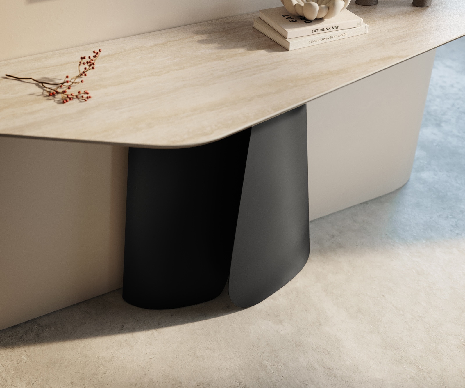 Konsolentisch Edge Polygonal 140x50 cm Keramik Laminam® Travertino Bianco Creme-Weiß Livos Metall Schwarz 6