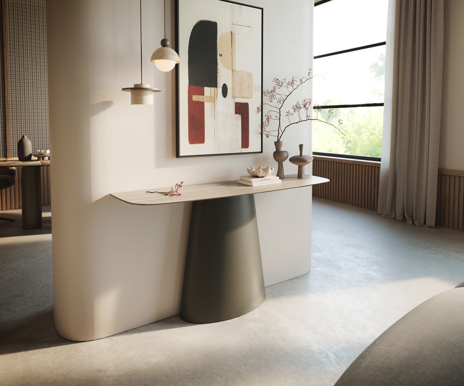 Konsolentisch Edge Boot 140x40 cm Keramik Laminam® Travertino Bianco Creme-Weiß Conos Metall Effektfinish Titan 3