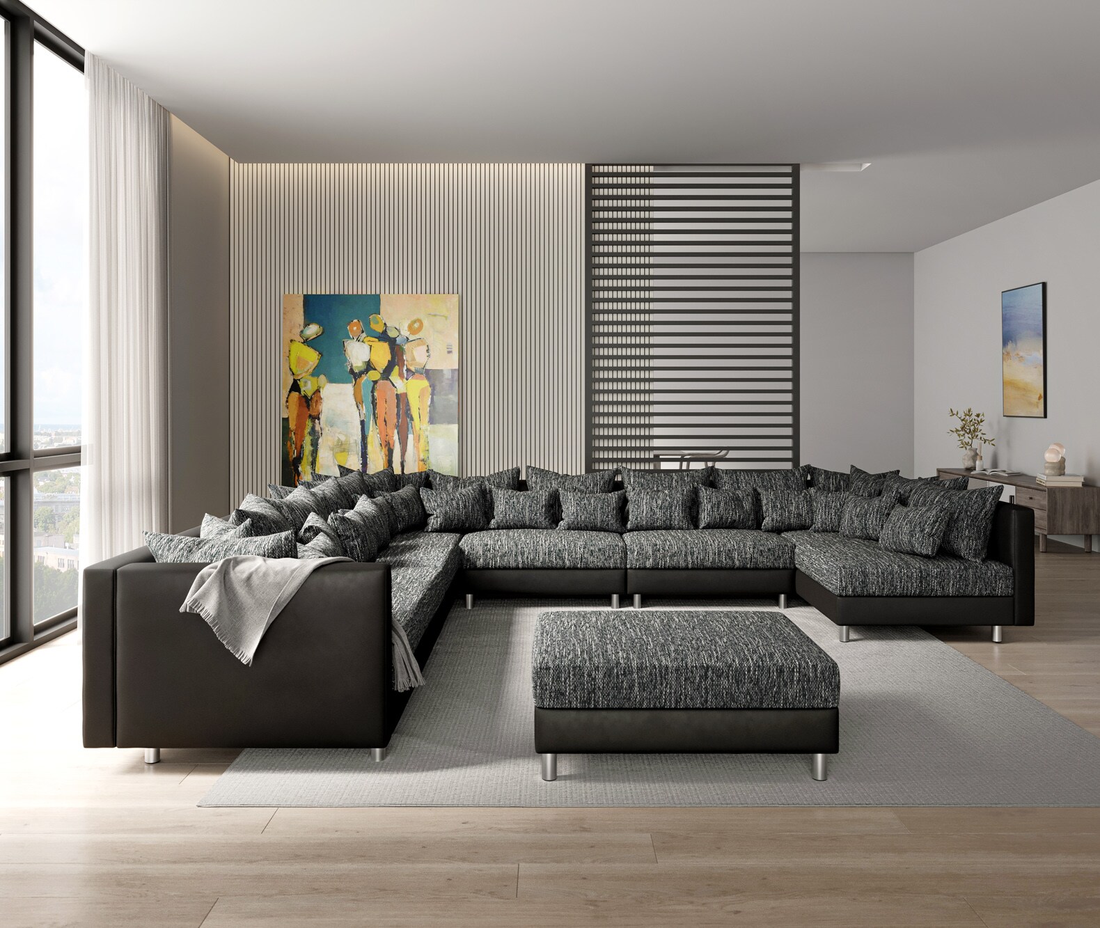 Wohnlandschaft Clovis XXL Schwarz Hocker Ottomane Links modular 3