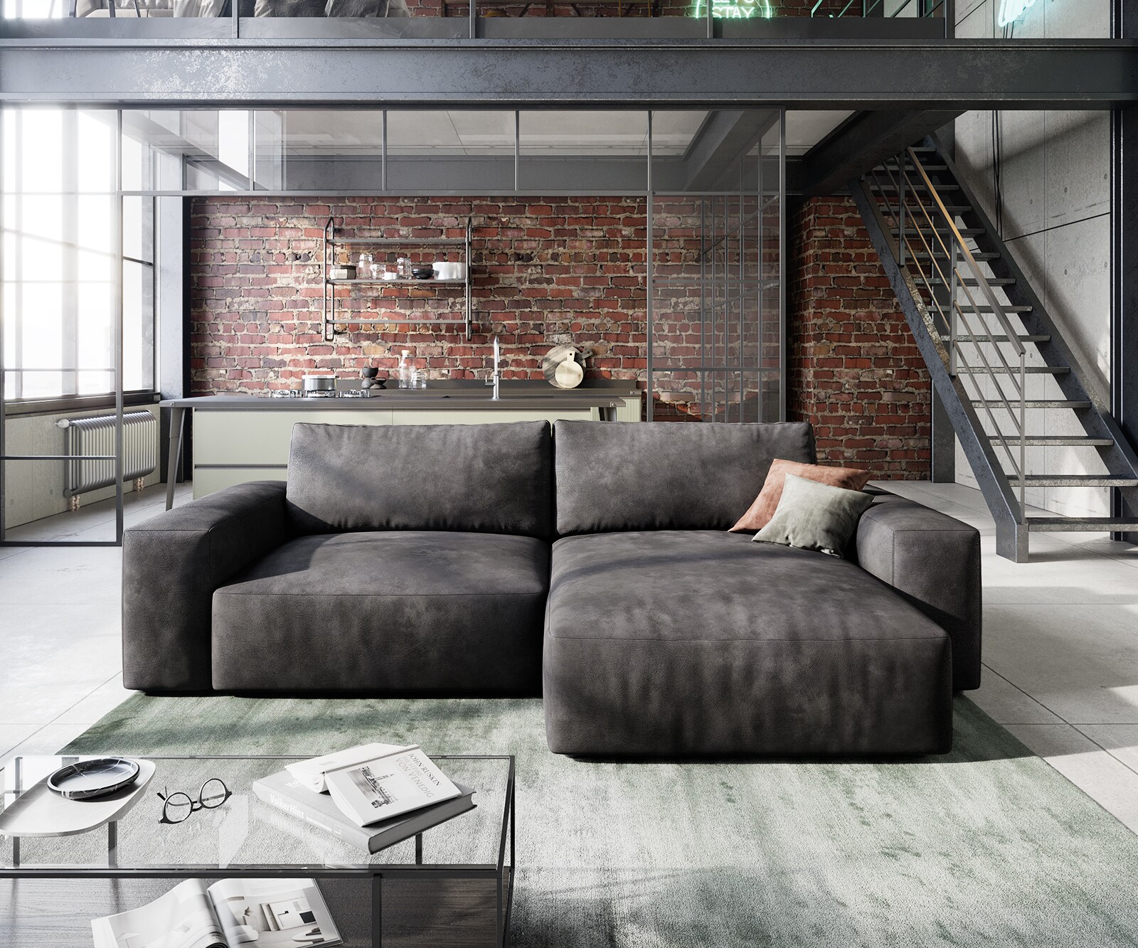 Ecksofa Lanzo 230x155 cm Lederimitat Vintage Anthrazit Recamiere variabel 1