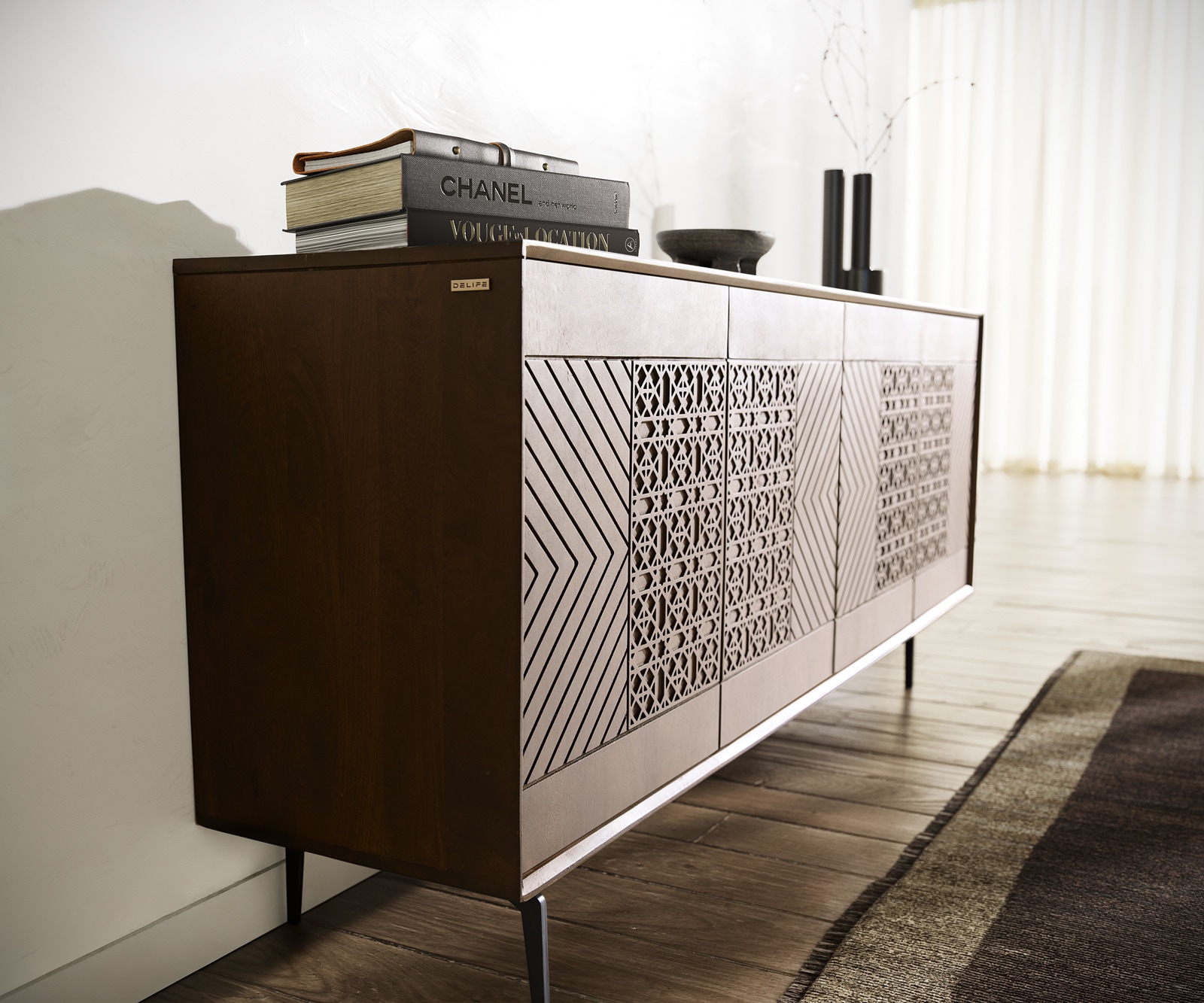 Sideboard Manjula 170 cm Mango Braun 4 Türen Winkelfuß Metall Schwarz 4 Sideboard Manjula 170 cm Mango Braun 4 Türen Winkelfuß Metall Schwarz 4