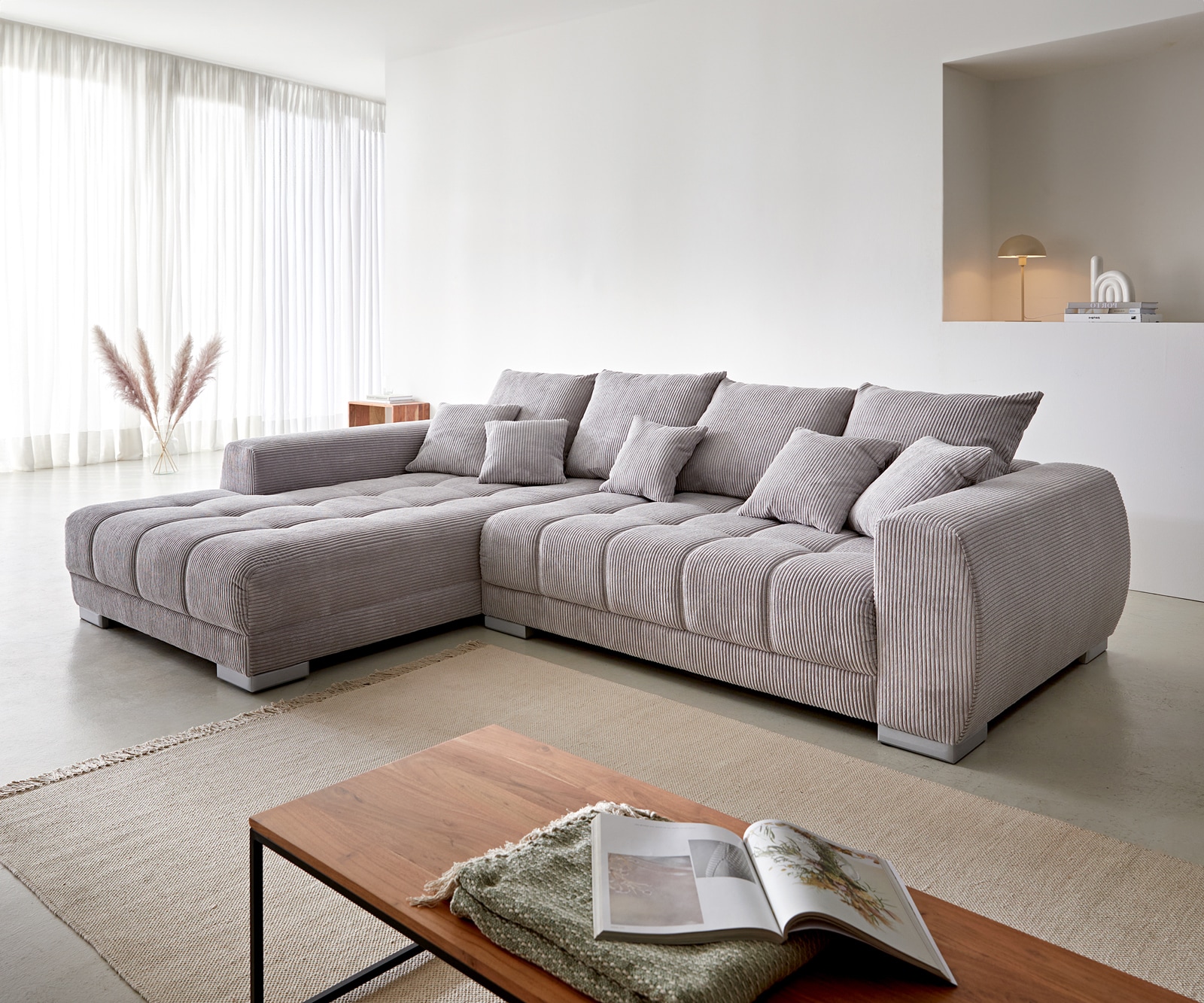 Ecksofa Josea 300x220 cm Cord Silbergrau Ottomane links Ecksofa Josea 300x220 cm Cord Silbergrau Ottomane links
