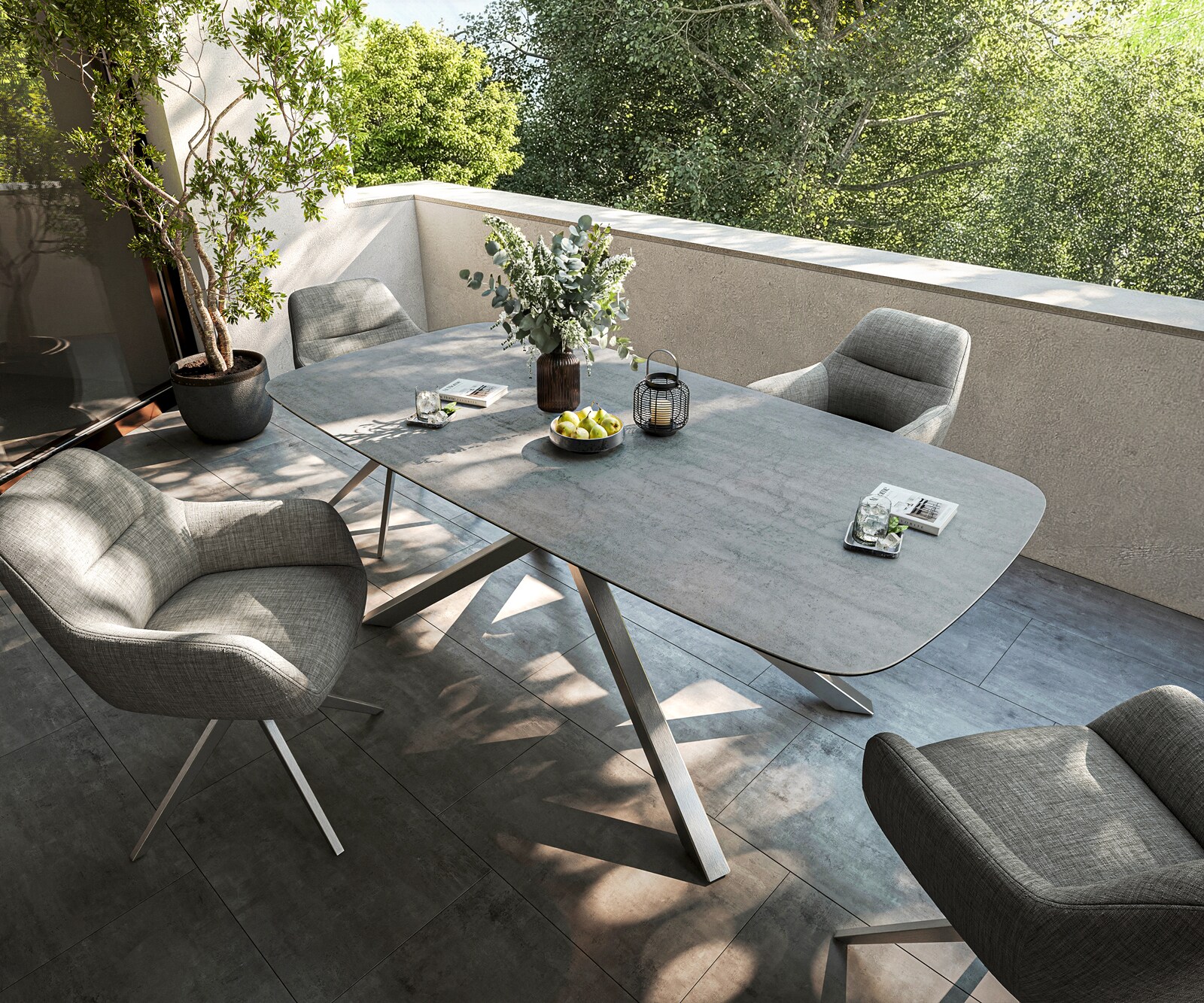 Outdoortisch Edge Boot 200x100 cm Keramik Beton Grau Kreuzgestell Rechteck Edelstahl 3