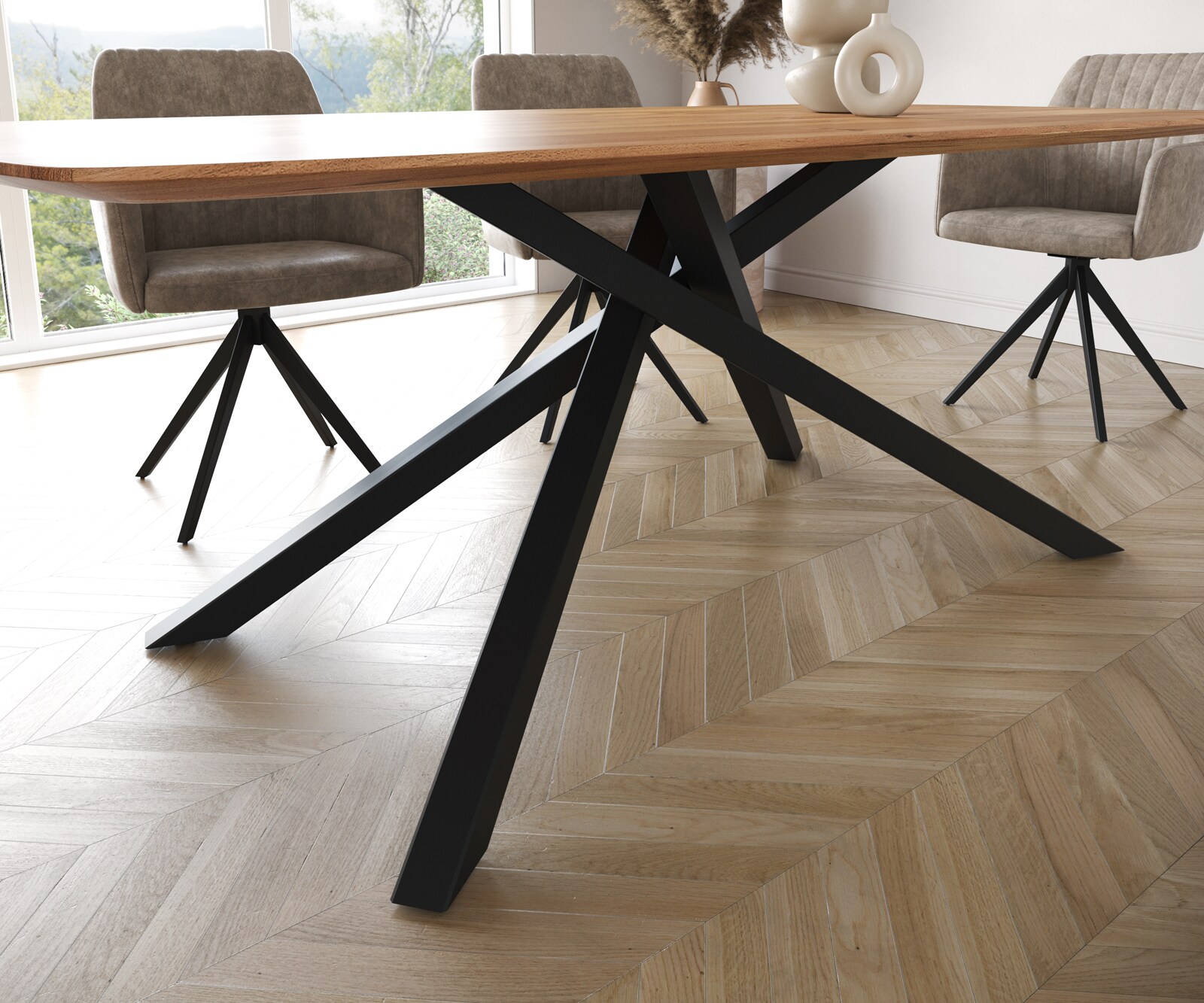 Esstisch Edge Boot 200x100 Akazie Natur Kreuzgestell Rechteck Schwarz Schweizer Kante 6