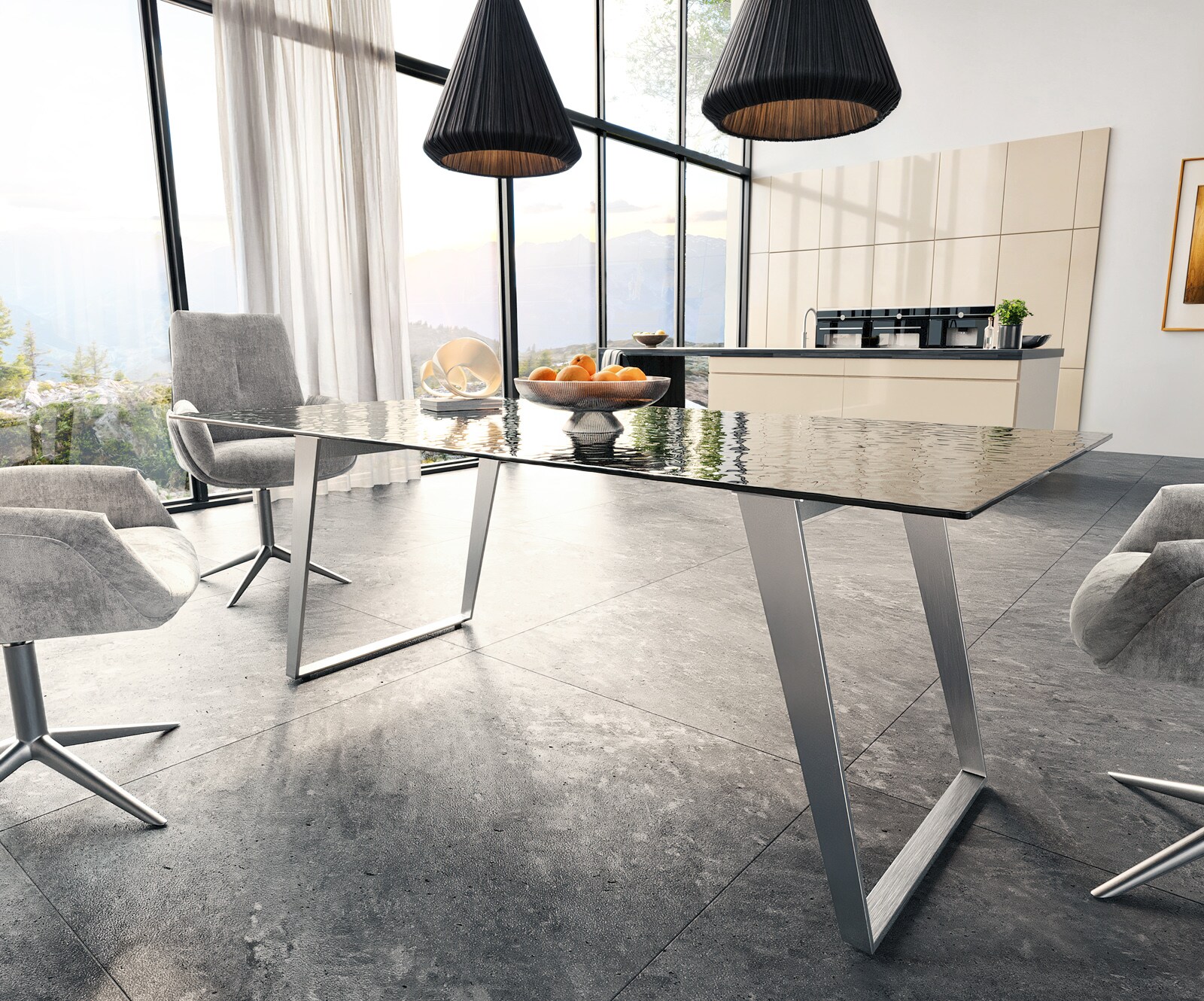 Esstisch Edge 200x100 Reliefglas Rauchschwarz 3D-Design Edelstahl Schräg 3