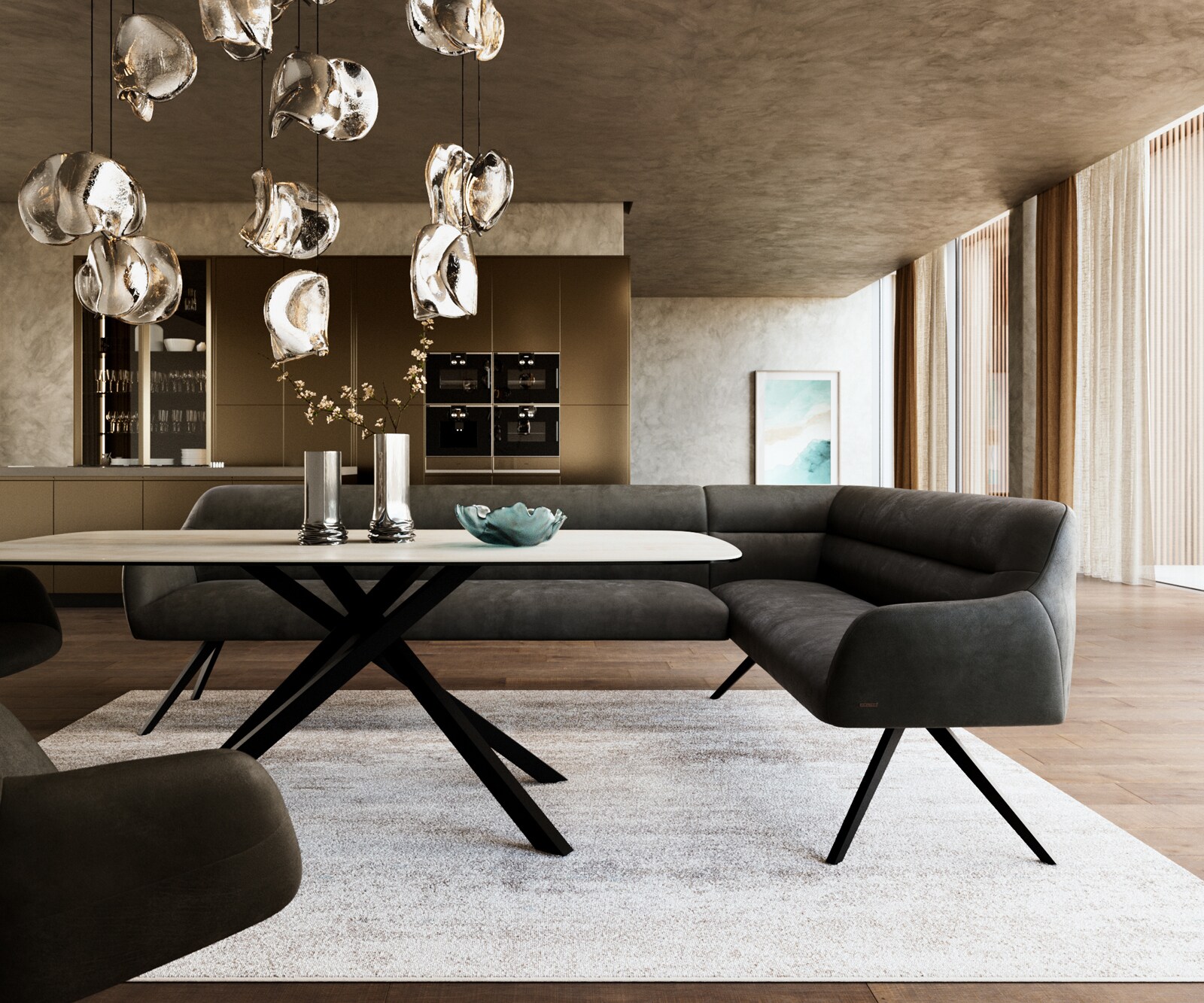 Esszimmerbank Taya-Flex 285x190 cm Mikrofaser Anthrazit Vintage Kreuzgestell kantig Schwarz Taschenfederkern Links 2