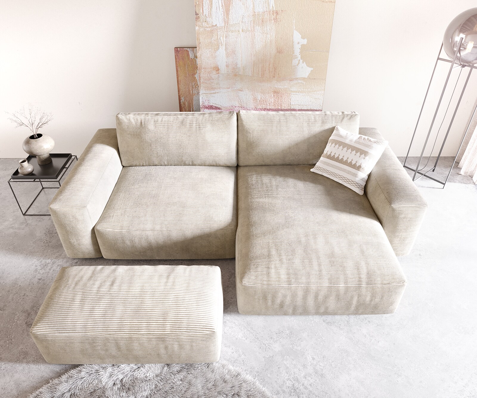 Ecksofa Lanzo XL 270x180 cm Cord Beige Recamiere variabel mit Hocker 3