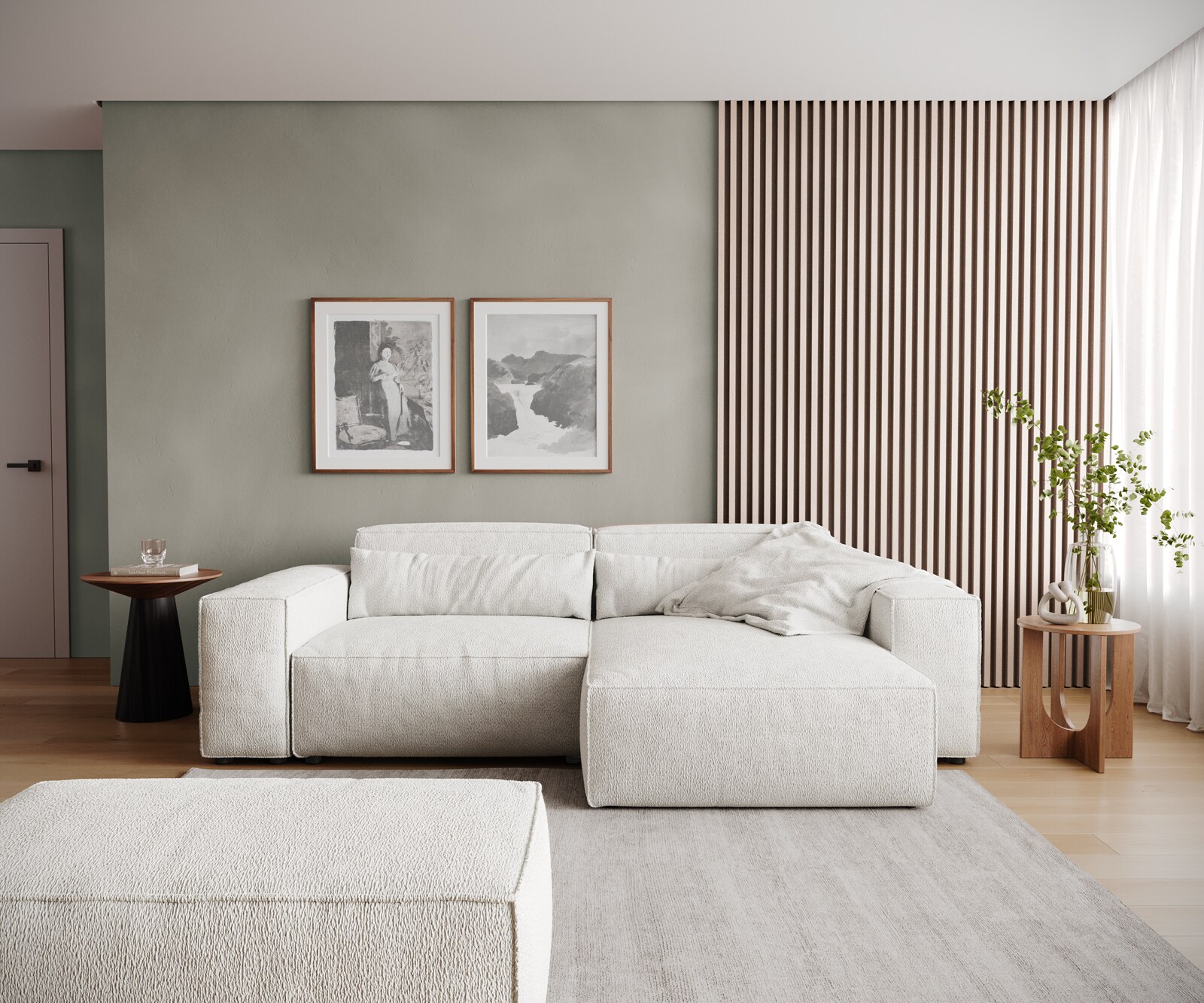 Ecksofa Sirpio 230x150 cm Bouclé Creme-Weiß Recamiere variabel mit Hocker 2