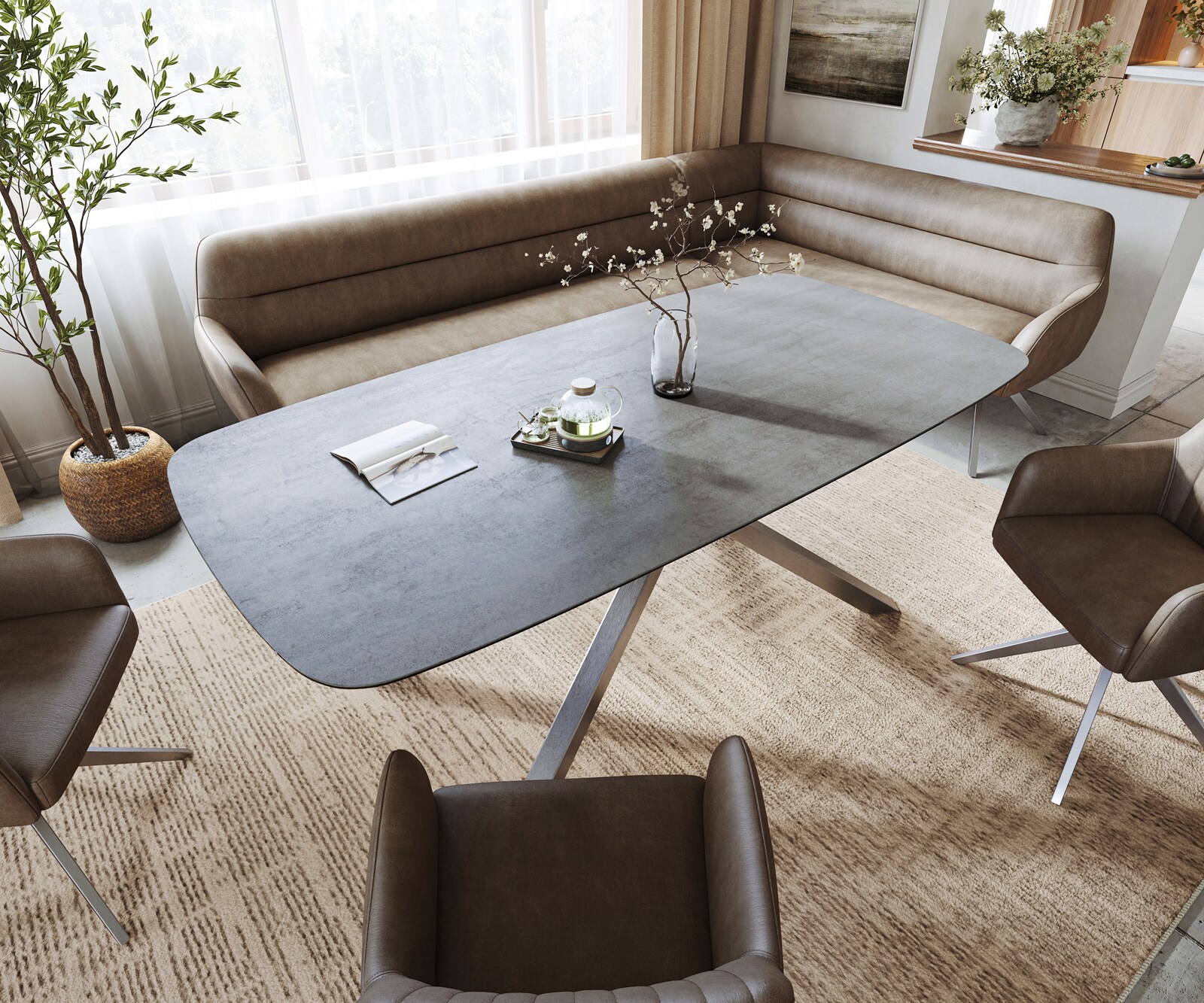 Esstisch Edge Boot 200x100 cm Keramik Boulevard Betonoptik Kreuzgestell Rechteck Edelstahl 3