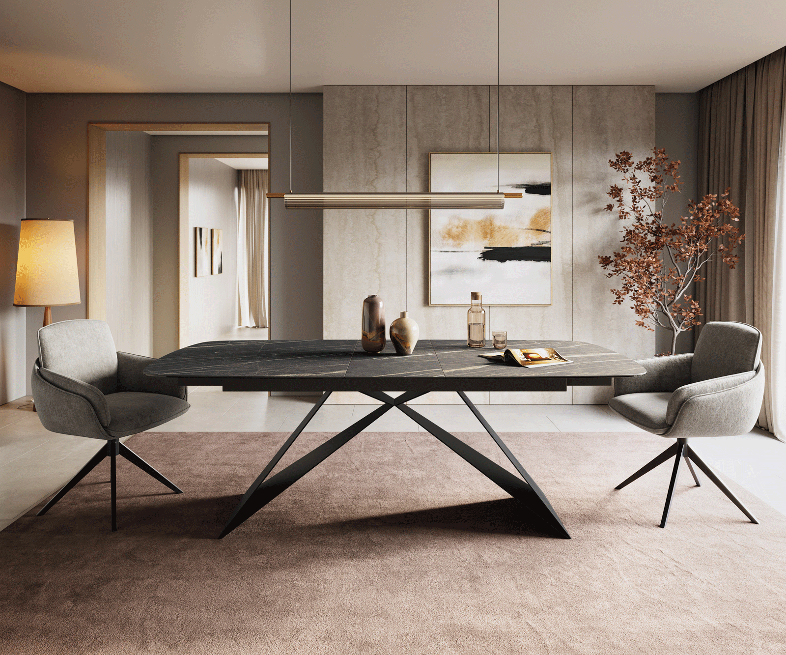 Esstisch Edge Boot 180-220x100 cm Laminam® Keramik Noir Desir Braun V-Gestell Flachstahl Schwarz ausziehbar 2