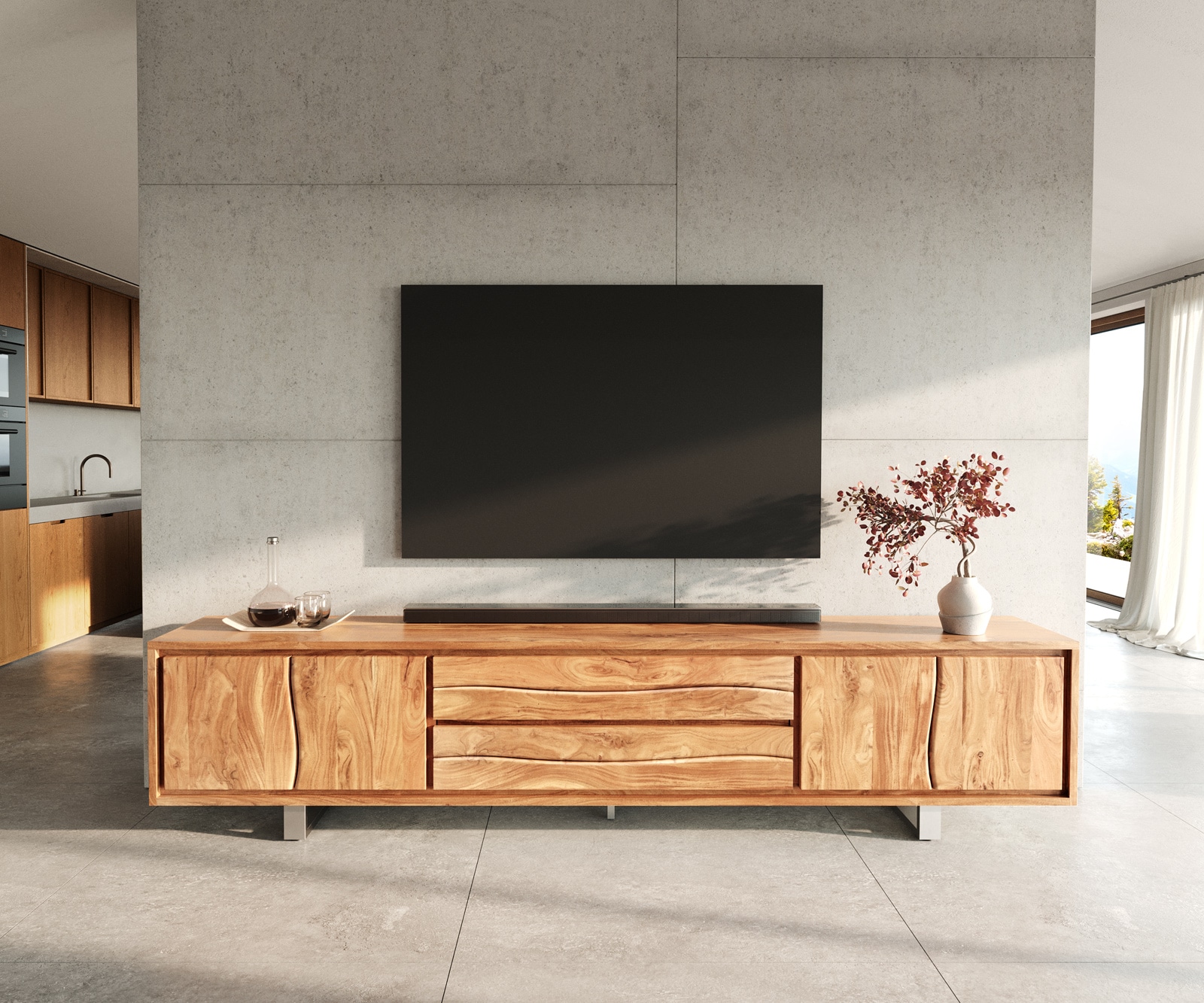 Lowboard Live-Edge 300 cm Akazie Natur 4 Türen 2 Schübe 1 Lowboard Live-Edge 300 cm Akazie Natur 4 Türen 2 Schübe 1