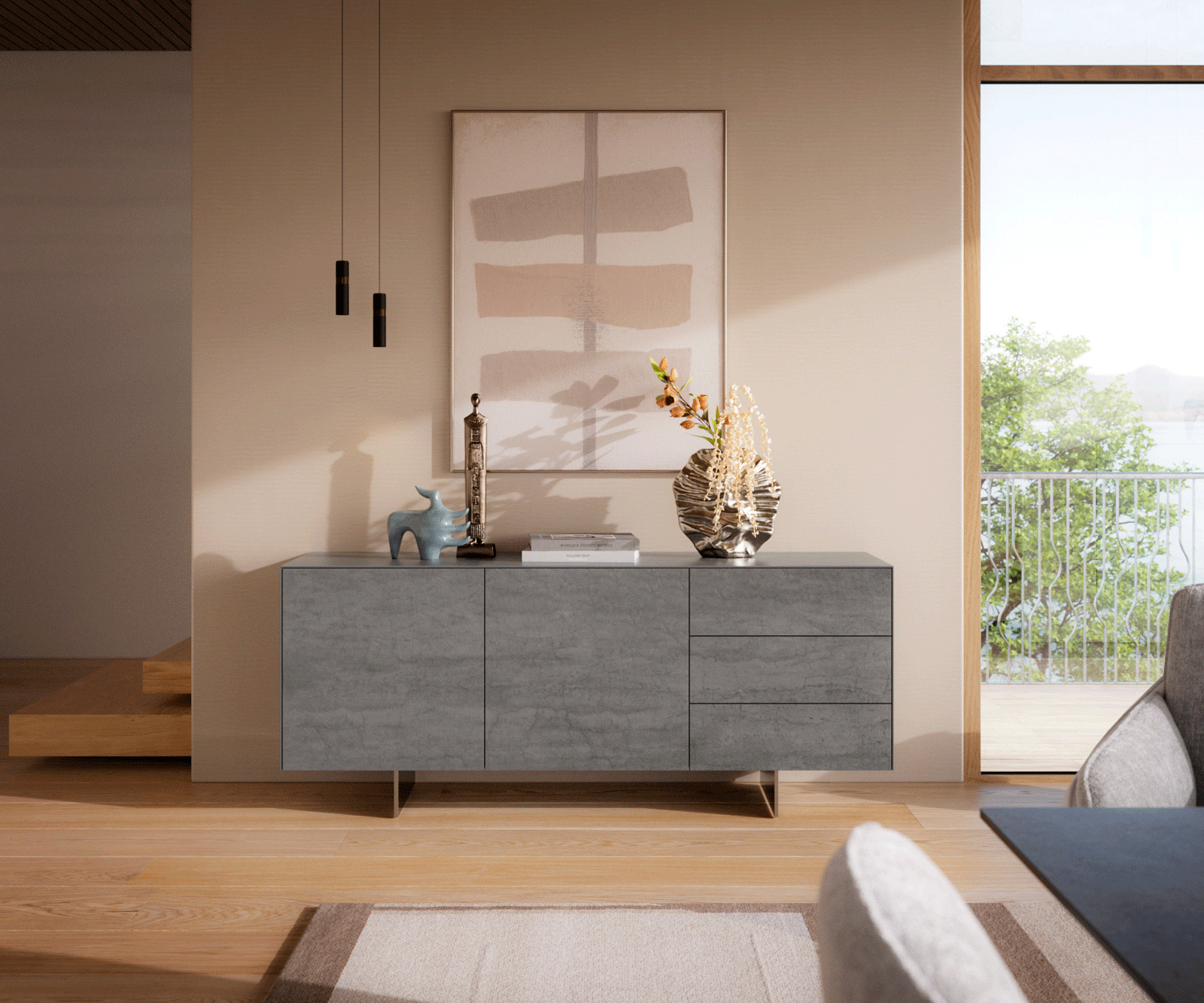 Sideboard Cuor 180 cm Keramik Beton Grau 2 Türen 3 Schubfächer Fuß Schwebeoptik Edelstahl 1