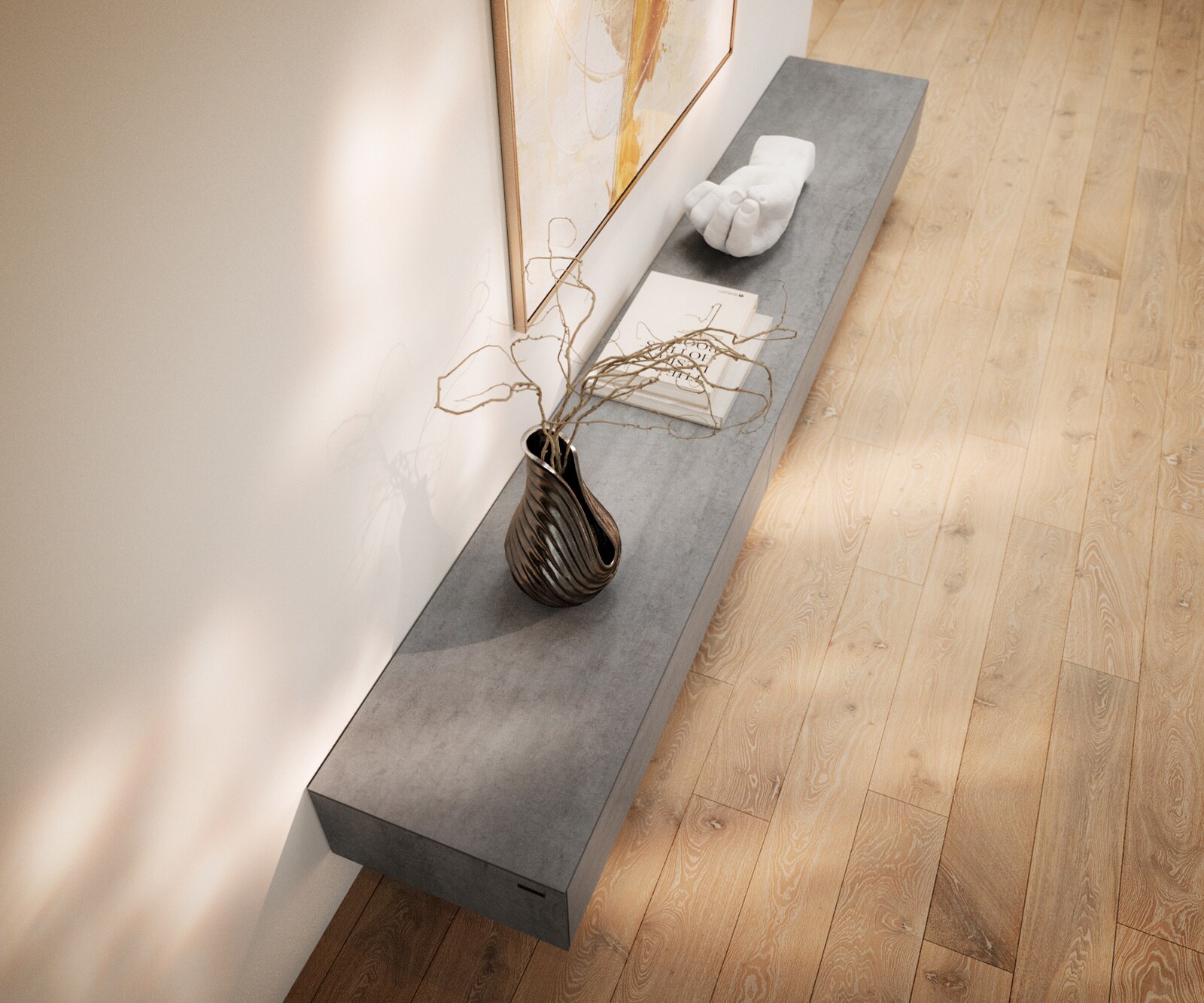 Lowboard Cuor 250 cm Keramik Beton Grau 1 Klappe 1 Schubfach Fuß Schwebeoptik Acrylglas 3