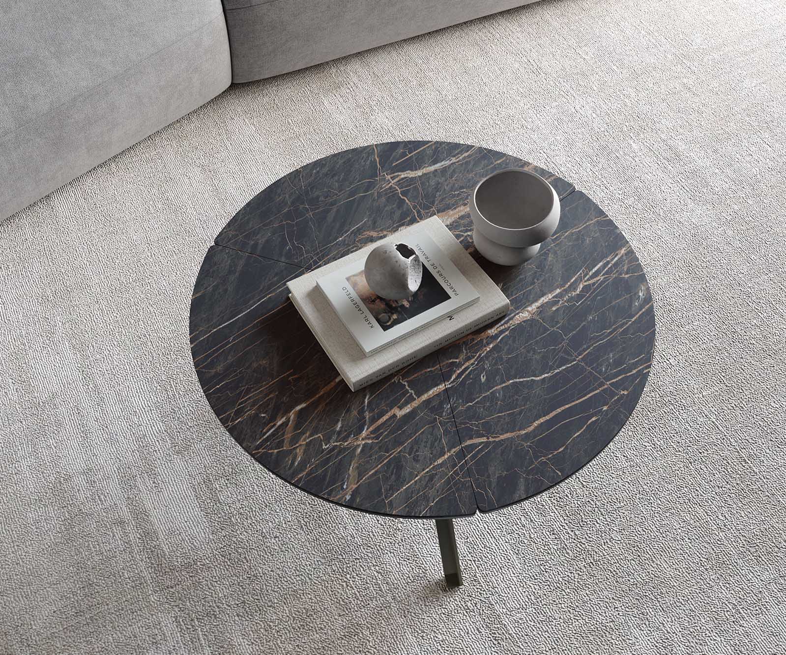 Couchtisch Delron 70x70 cm Keramik Laminam®Noir Desir Braun Kreuzfuß Flach Metall Effektfinish Titan 4