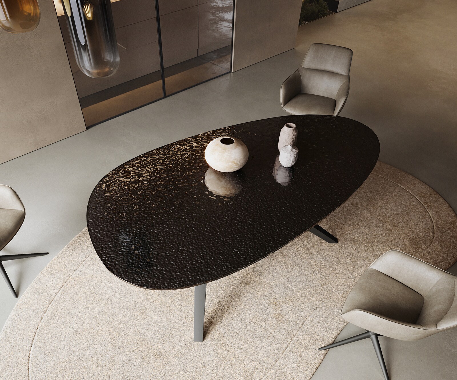 Esstisch Edge Oval 220x120 Reliefglas Rauchschwarz 3D-Design Zenthara kantig Metall Schwarz 3
