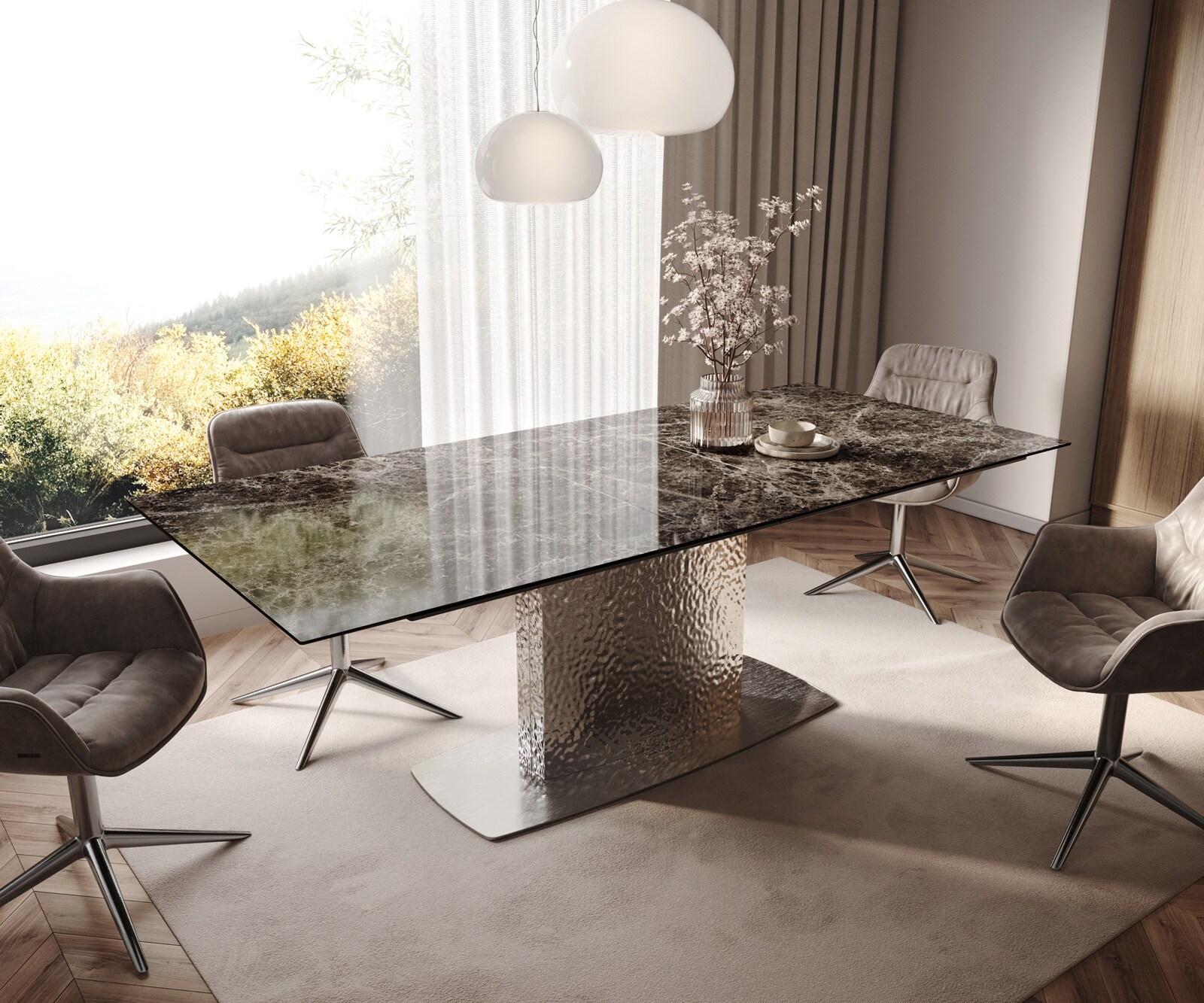 Esstisch Edge 180-220x100 Keramik Emperador Extra Lucidato Dunkelbraun Wave Edelstahl ausziehbar 1
