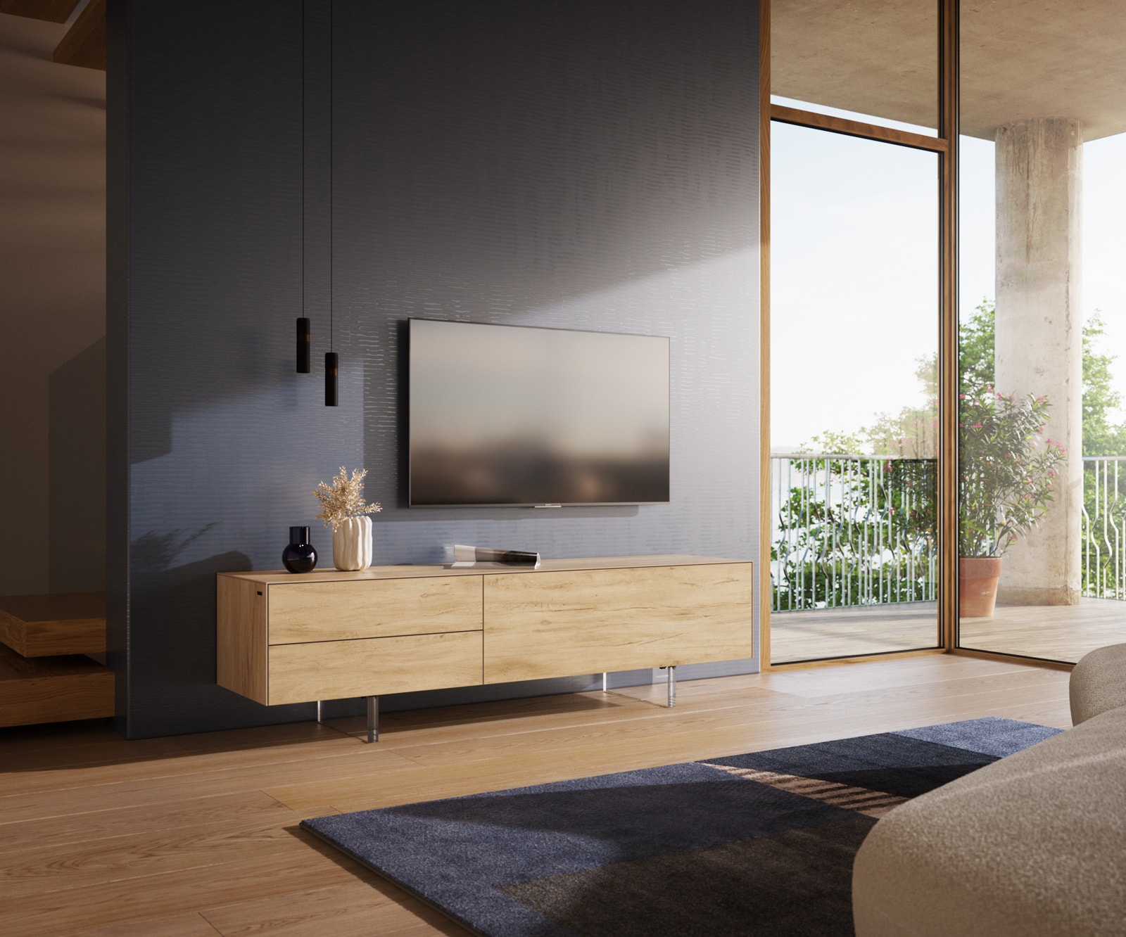 Lowboard Cuor 180 cm Keramik Laminam® Sabbia Eichefarbig 1 Klappe 2 Schubfächer Fuß Schwebeoptik Acrylglas 1