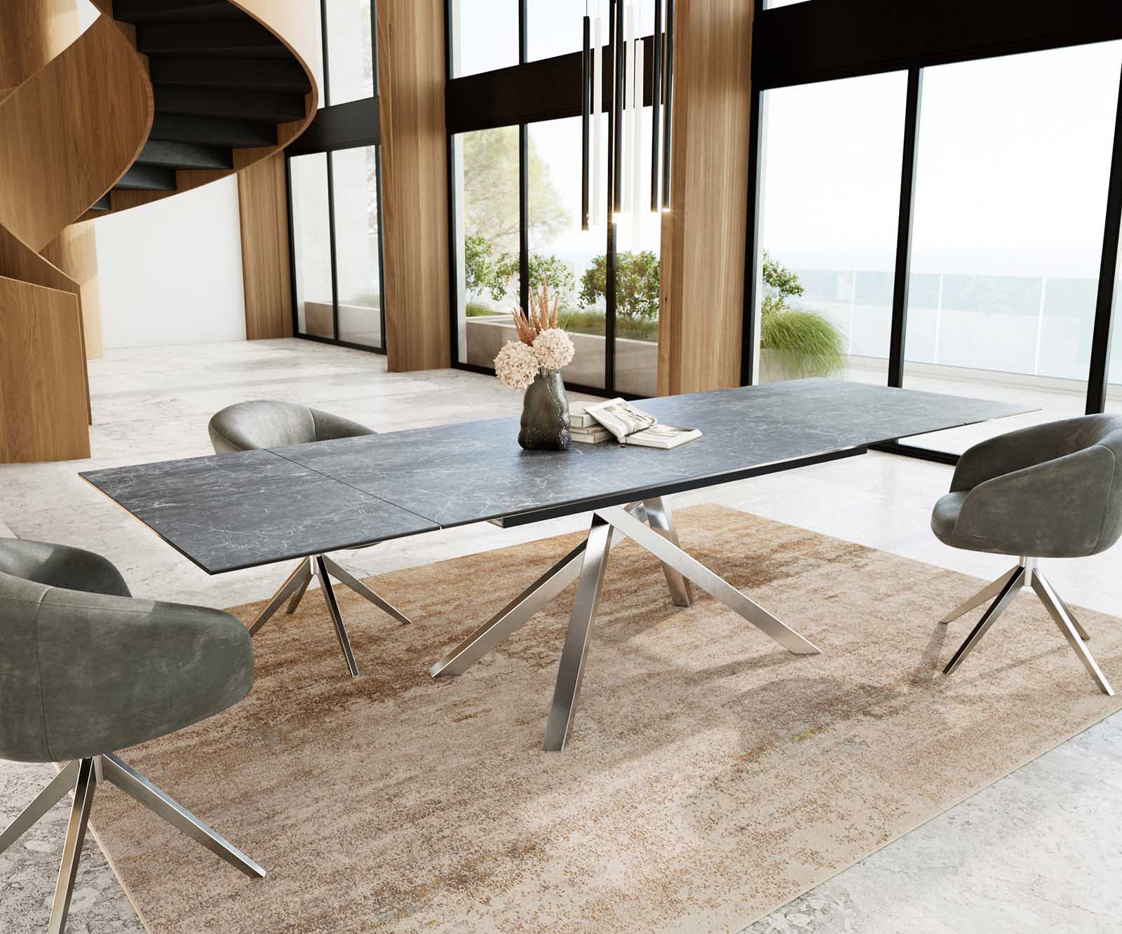 Esstisch Edge 200-300x100 Keramik Laminam®Nero Greco Anthrazit Kreuzgestell Rechteck Edelstahl ausziehbar 5 Esstisch Edge 200-300x100 Keramik Laminam®Nero Greco Anthrazit Kreuzgestell Rechteck Edelstahl ausziehbar 5