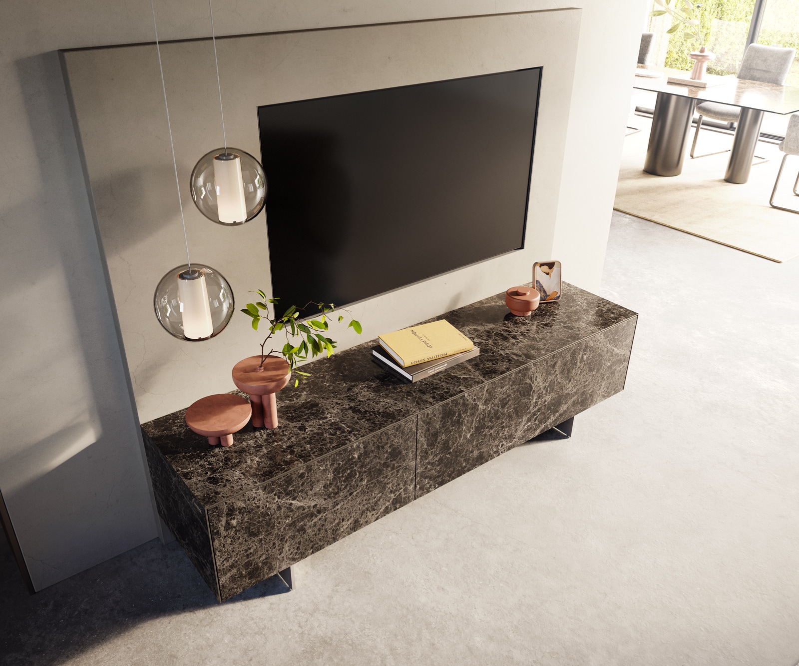 Lowboard Cuor 180 cm Keramik Laminam® Emperador Extra Lucidato Dunkelbraun 1 Klappe 2 Schubfächer Fuß Schwebeoptik Edelstahl 4