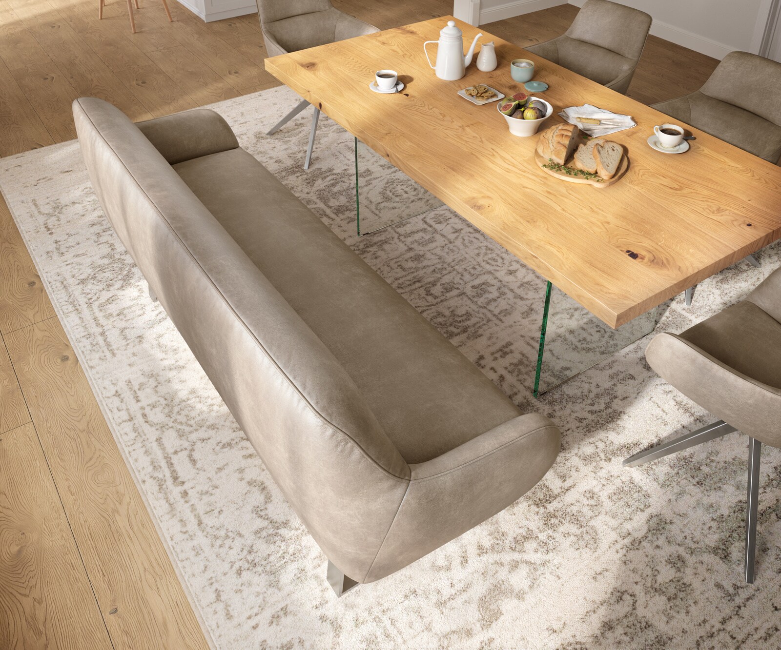 Esszimmerbank Taya-Flex 200 cm Mikrofaser Beige Vintage Kufengestell kantig Edelstahl Taschenfederkern 3