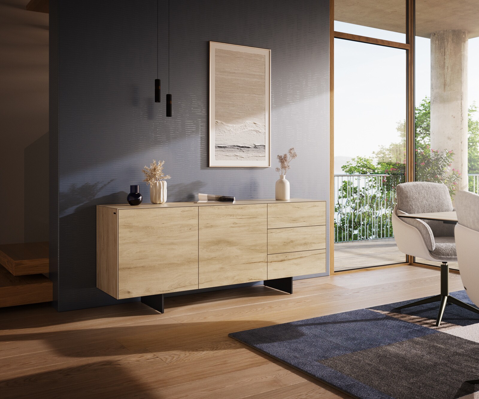Sideboard Cuor 180 cm Keramik Laminam® Sabbia Eichefarbig 2 Türen 3 Schubfächer Fuß Schwebeoptik Metall Schwarz