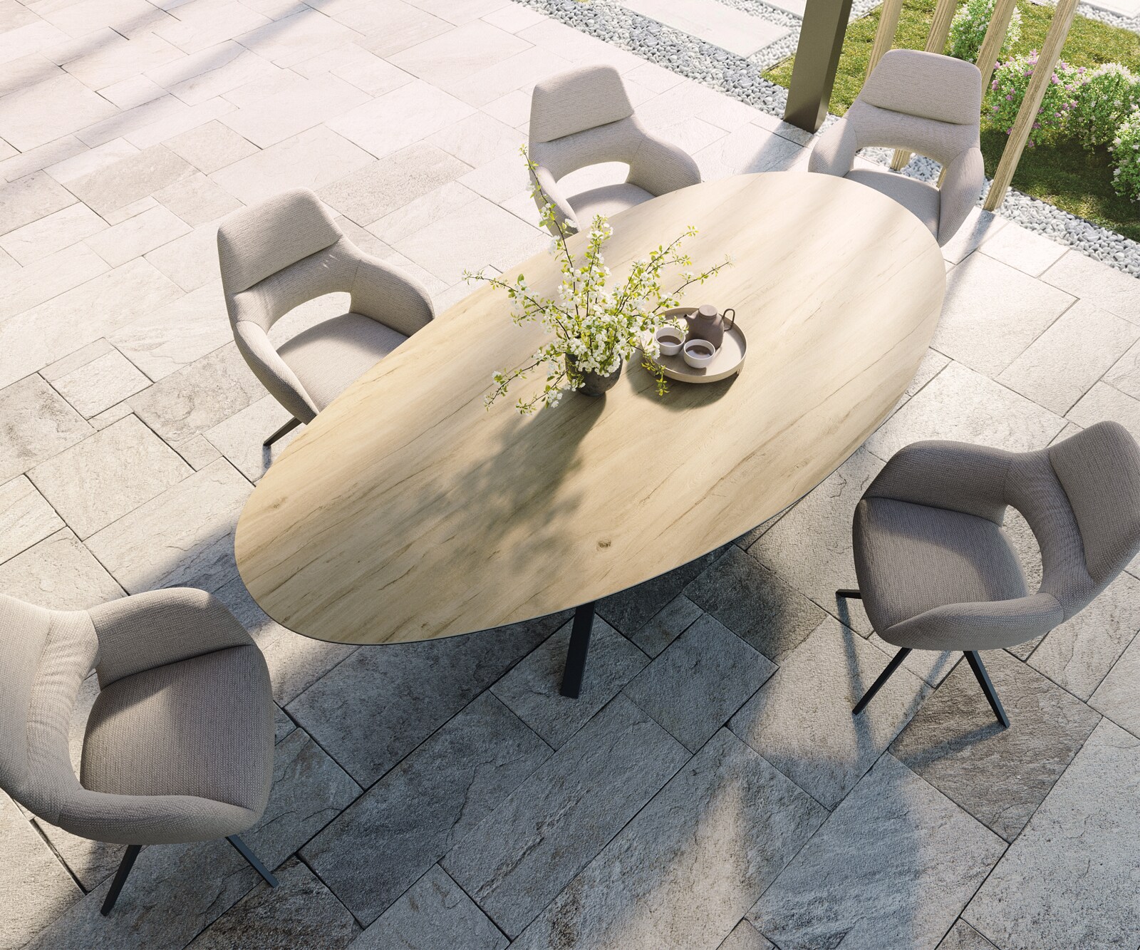 Outdoortisch Edge Oval 280x130 cm Keramik Laminam® Sabbia Eichefarbig Kreuzgestell Rechteck Schwarz 3