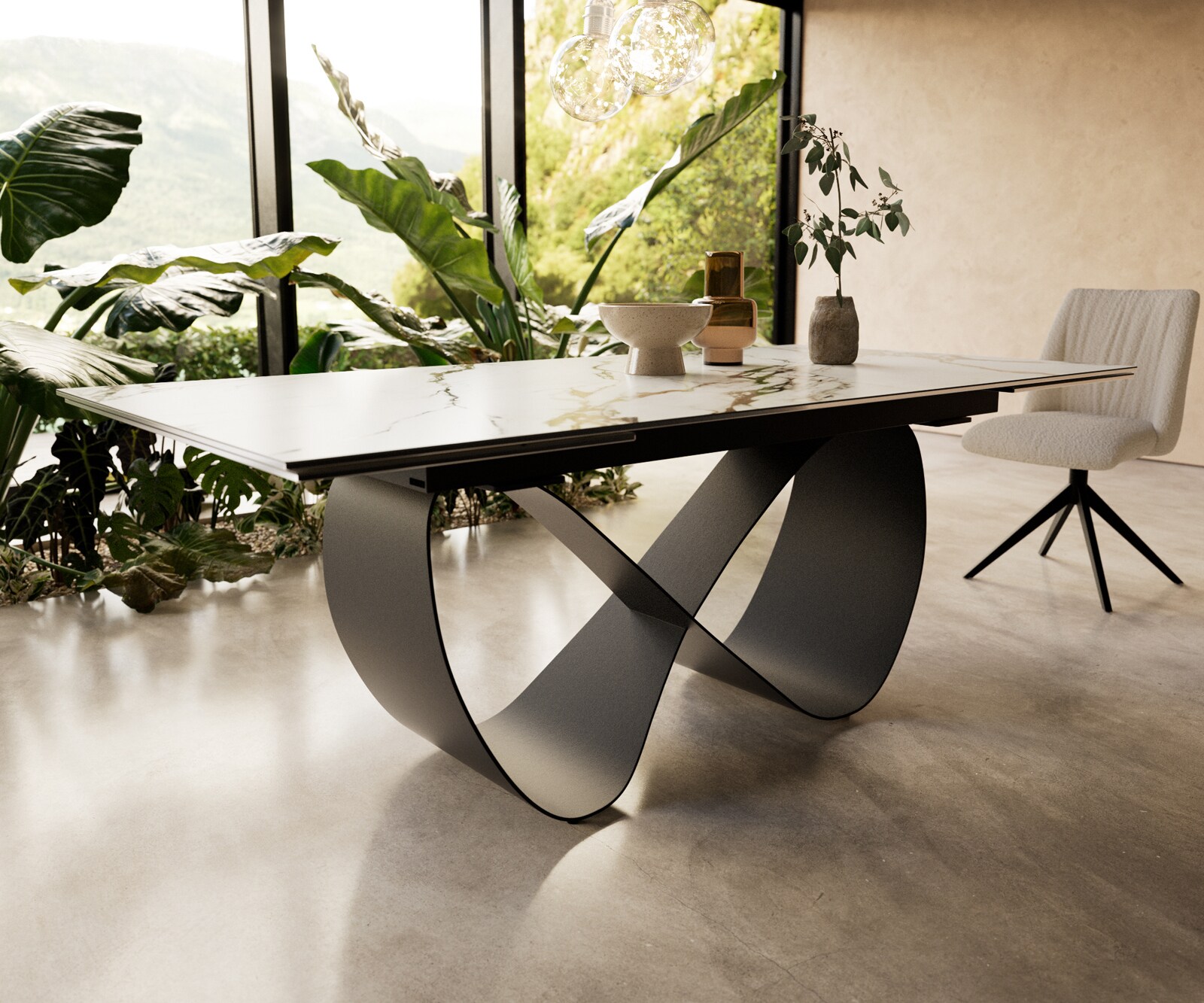 Esstisch Edge 200-300x100 cm Keramik Calacatta Luxe Weiß-Gold-Grau Infinity Metall Schwarz ausziehbar 3