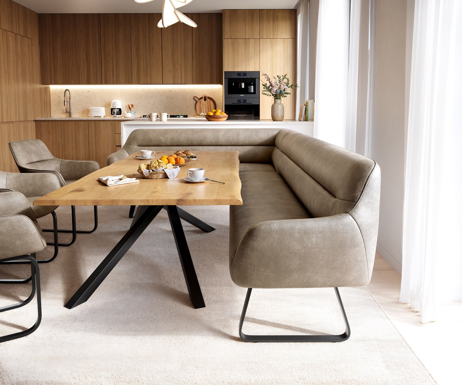 Esszimmerbank Taya-Flex 285x190 cm Mikrofaser Beige Vintage Kufengestell flach Schwarz Taschenfederkern Rechts 1