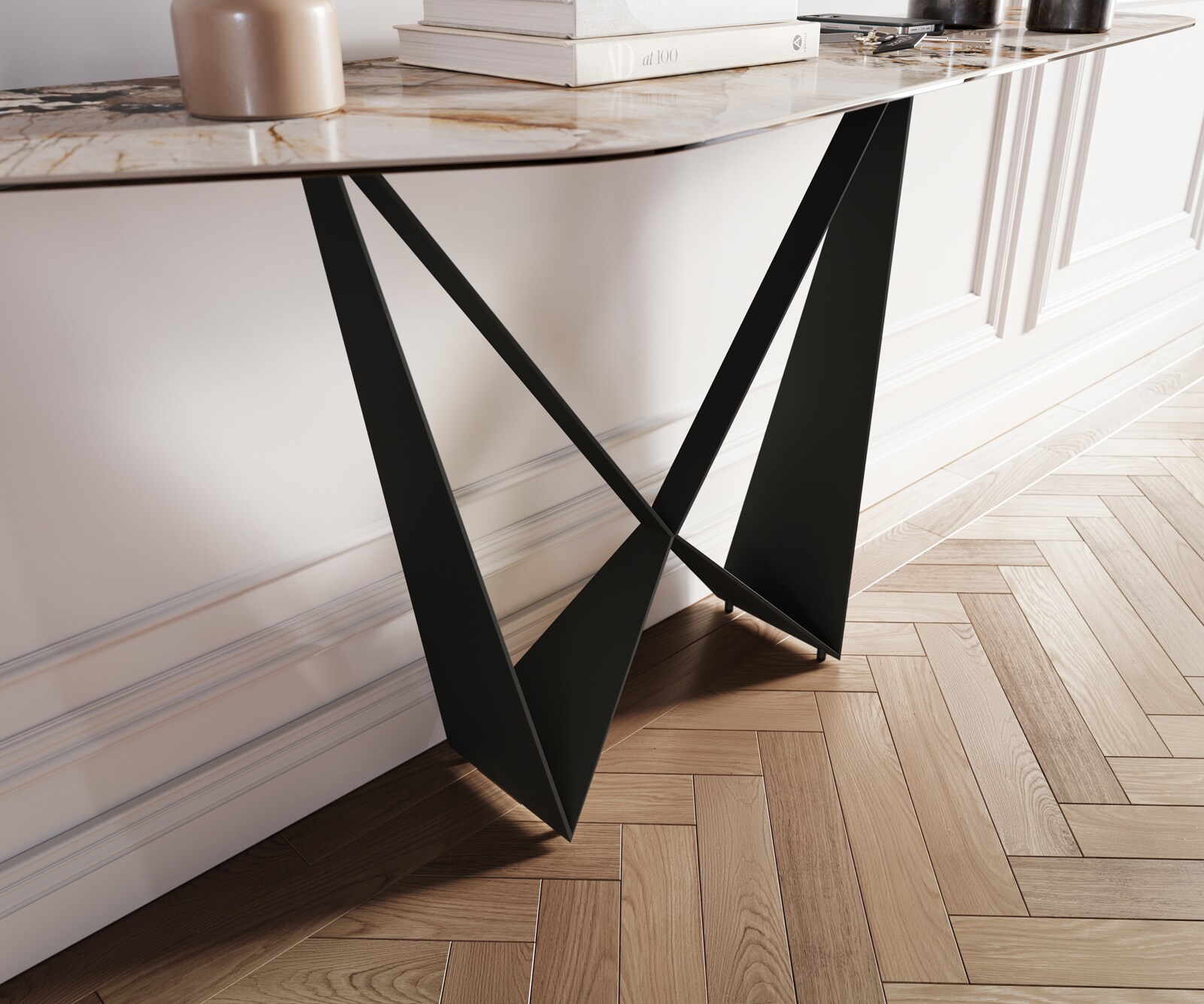 Konsolentisch Edge Polygonal 180x50 cm Keramik Patagonia Poliert Spios Metall Schwarz 5