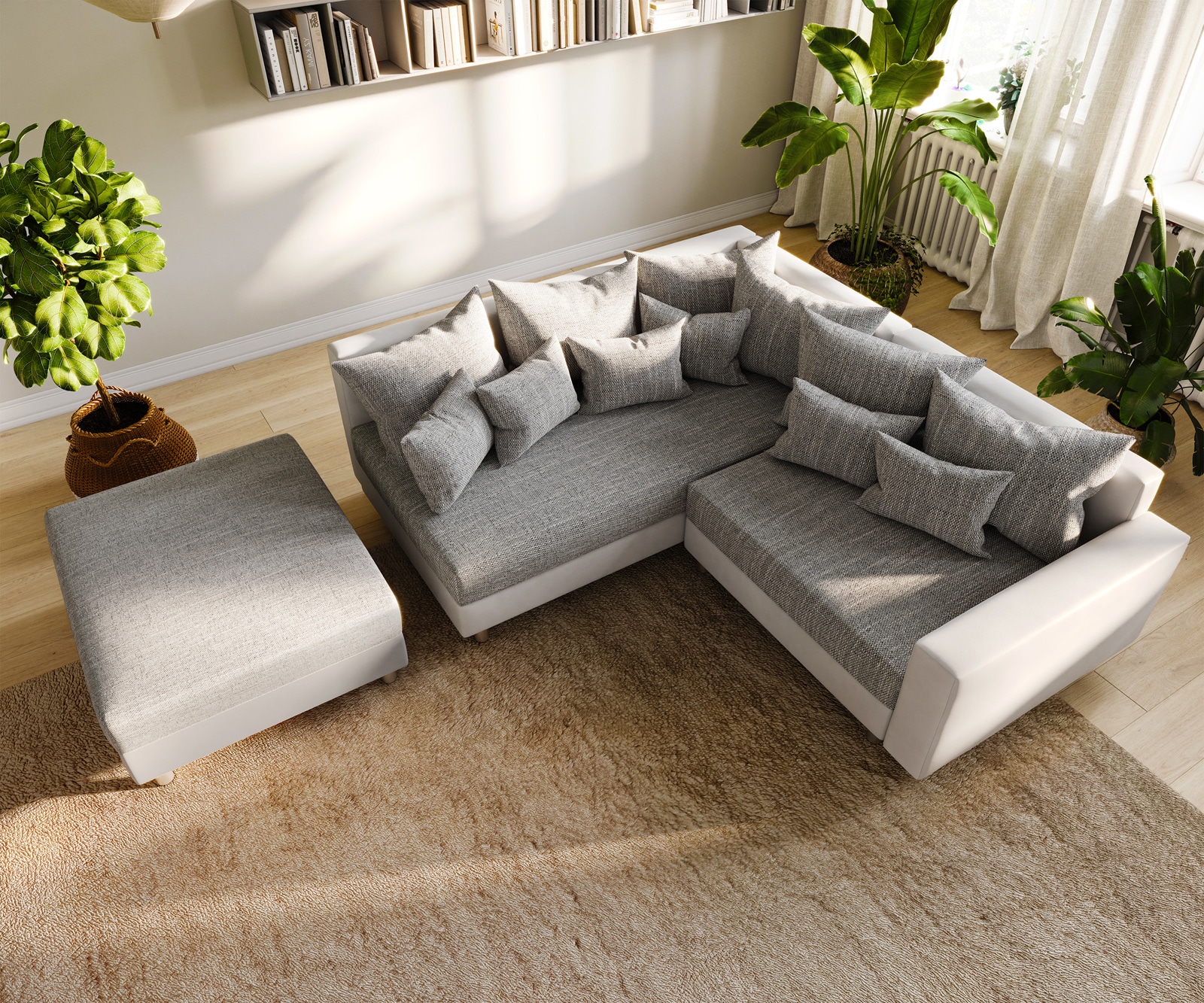 Ecksofa Clovis Weiss Hellgrau Hocker Armlehne Ottomane Links Modulsofa 5