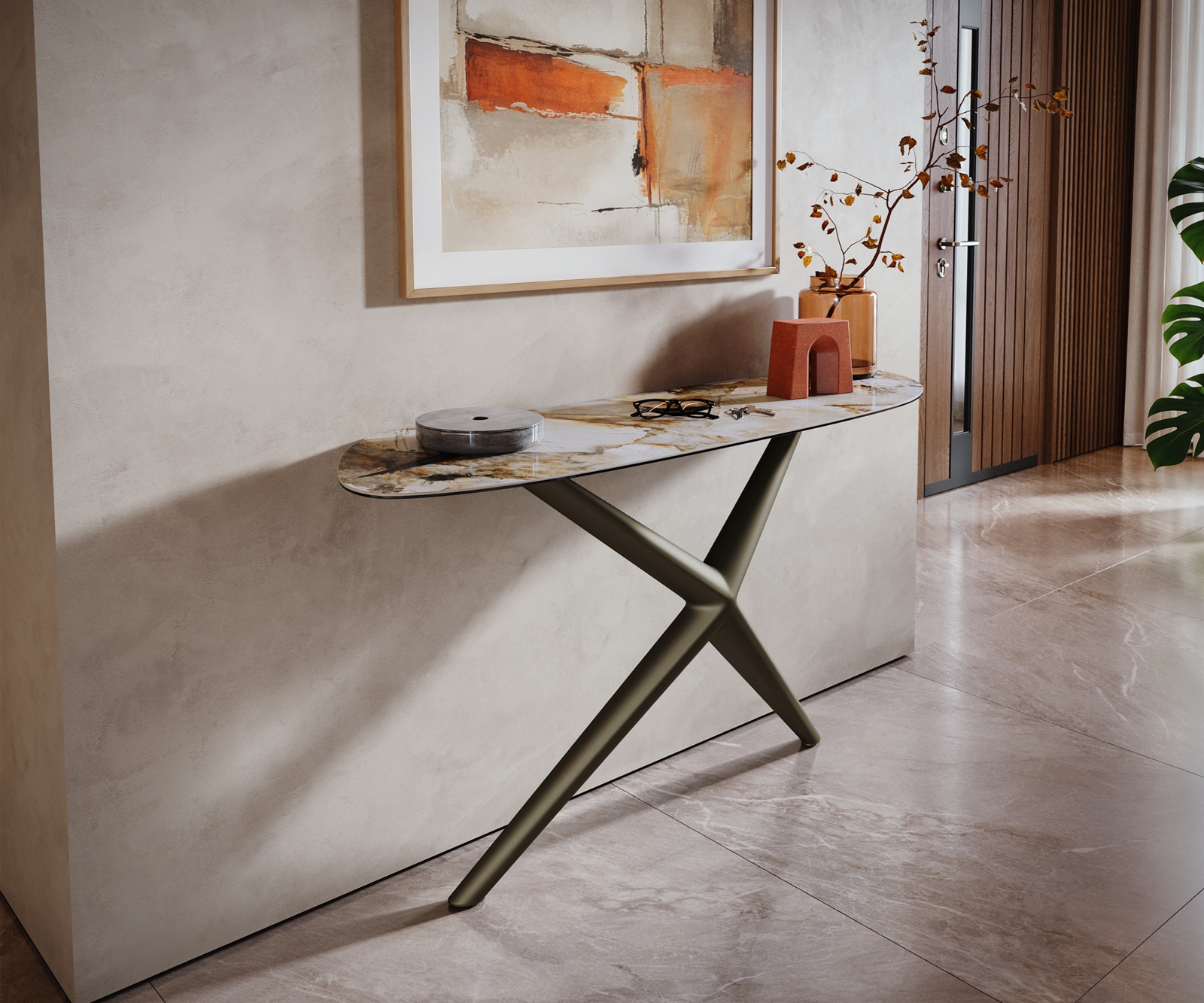 Konsolentisch Edge Organisch 140x40 cm Keramik Patagonia Poliert Estelo Metall Effektfinish Titan
