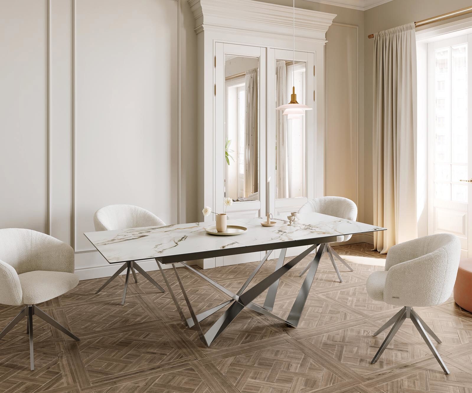 Esstisch Edge 180-220x100 Keramik Calacatta Luxe Weiß-Gold-Grau Spider Flachstahl Edelstahl ausziehbar 5
