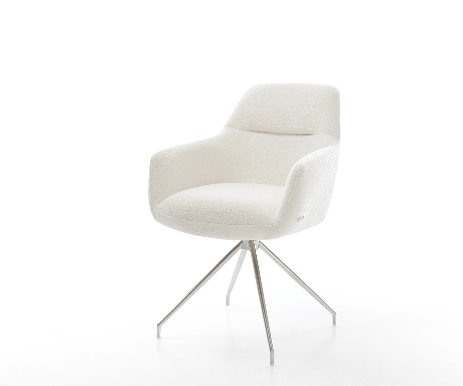 Chaise-de-salle-à-manger Pejo-Flex bouclé doux beige pied croisé conique acier inoxydable resorts ensachés